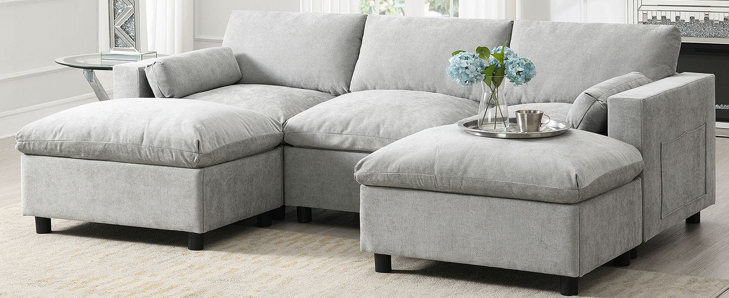 Modular Sectional With Storage Pockets, 5 Seat U Shaped Couch Set With Pillows, Free Combination Modern Cloud Sofa With 2 Movable Ottoman - Medium Gray