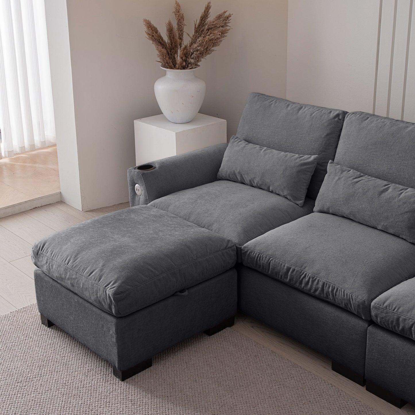 Modern Modular L Shaped Chenille Sofa Couch Reversible Ottoman With Storage Removable And Washable Cushions Sofa With USB Ports & Cup Holder For Living Room - Dark Gray