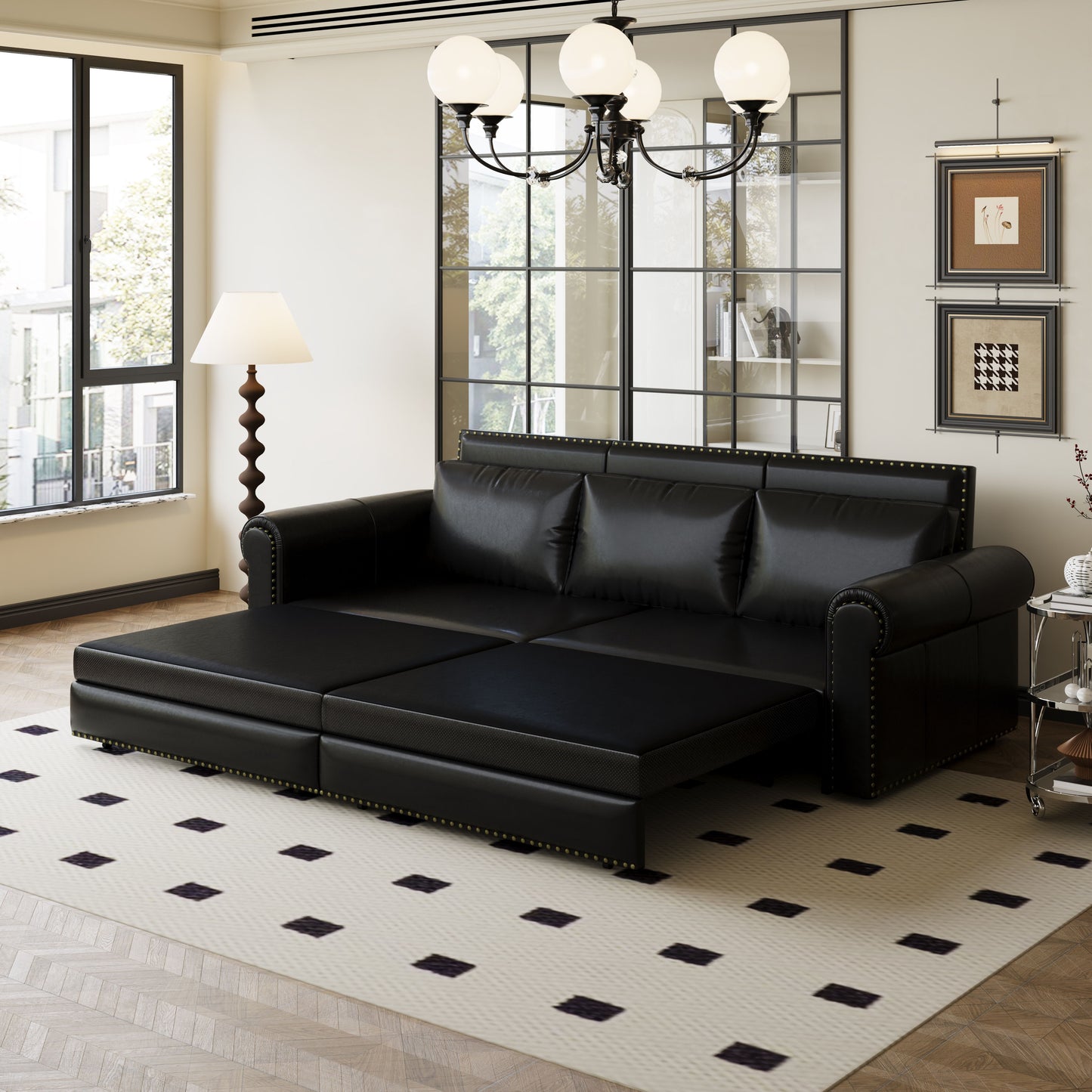 Pull Out Sofa Bed, 3 In 1 Faux Leather Convertible Sleeper Sofa With Nailhead Trim & Rolled Arm Multifunctional Sofa Bed For Living Room - Black