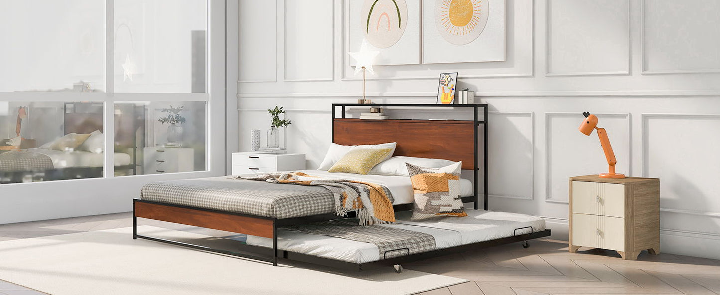 Queen Size Platform Bed Frame With Trundle, USB Ports And Slat Support, No Box Spring Needed - Black