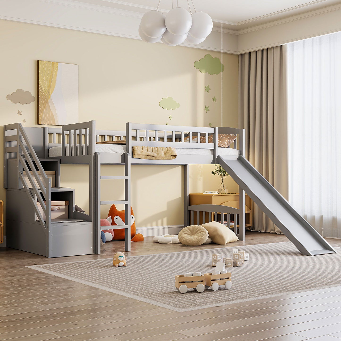Twin Size Loft Stairway Bed With 2 Drawers And Slide - Gray