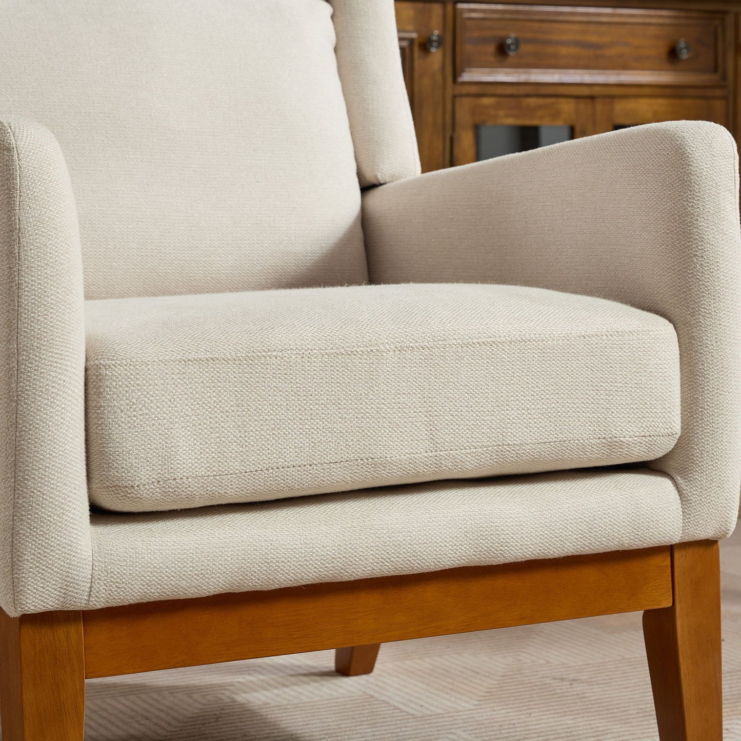 Wide Modern Accent Chair, Polyester Blend High Back Reading Chair, Upholstered Armchair Club Chair, Single Sofa With Wood Legs For Living Room, Reading Room, Office - Beige