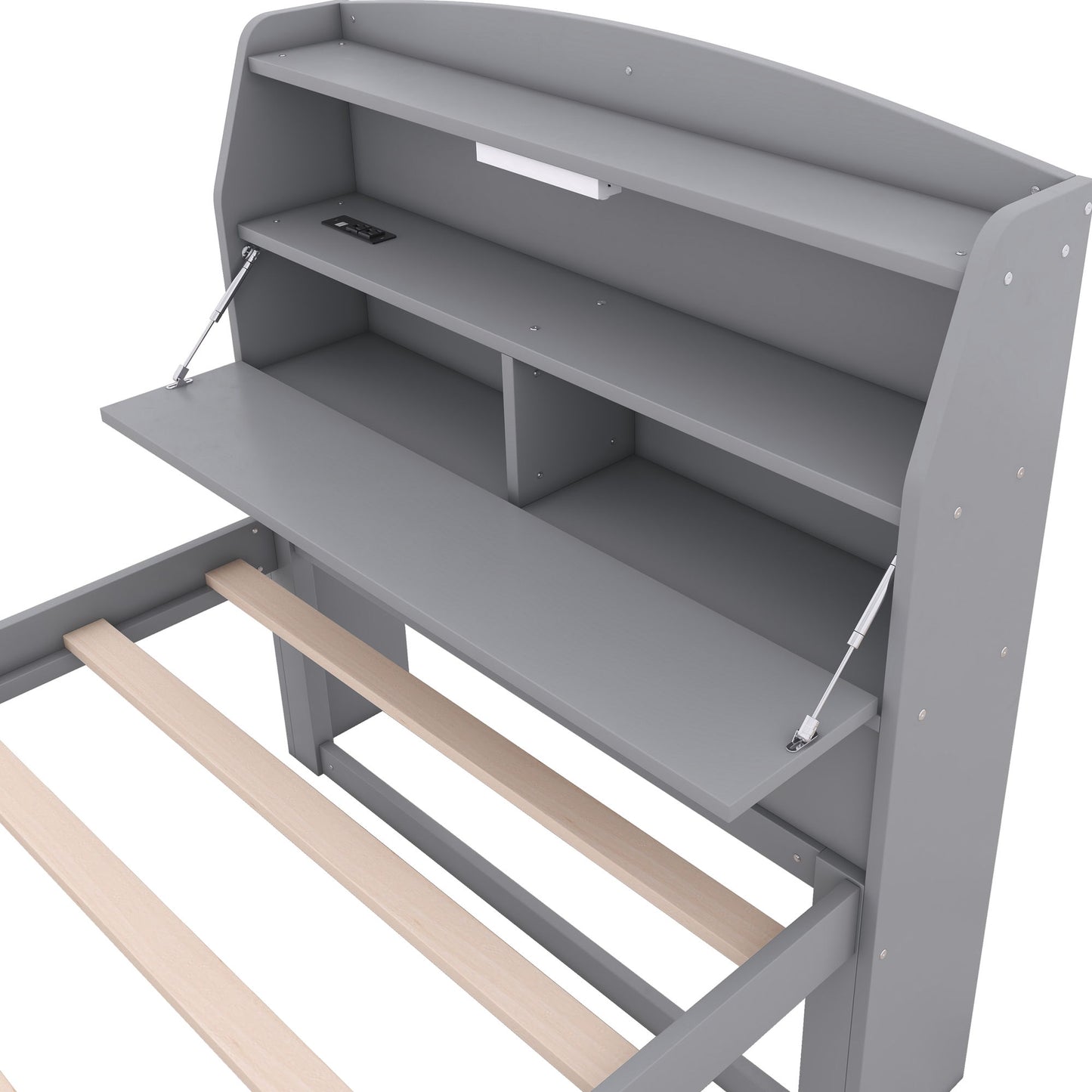 Twin Size LED Platform Bed With Trundle With Storage Headboard With Drawers - Gray