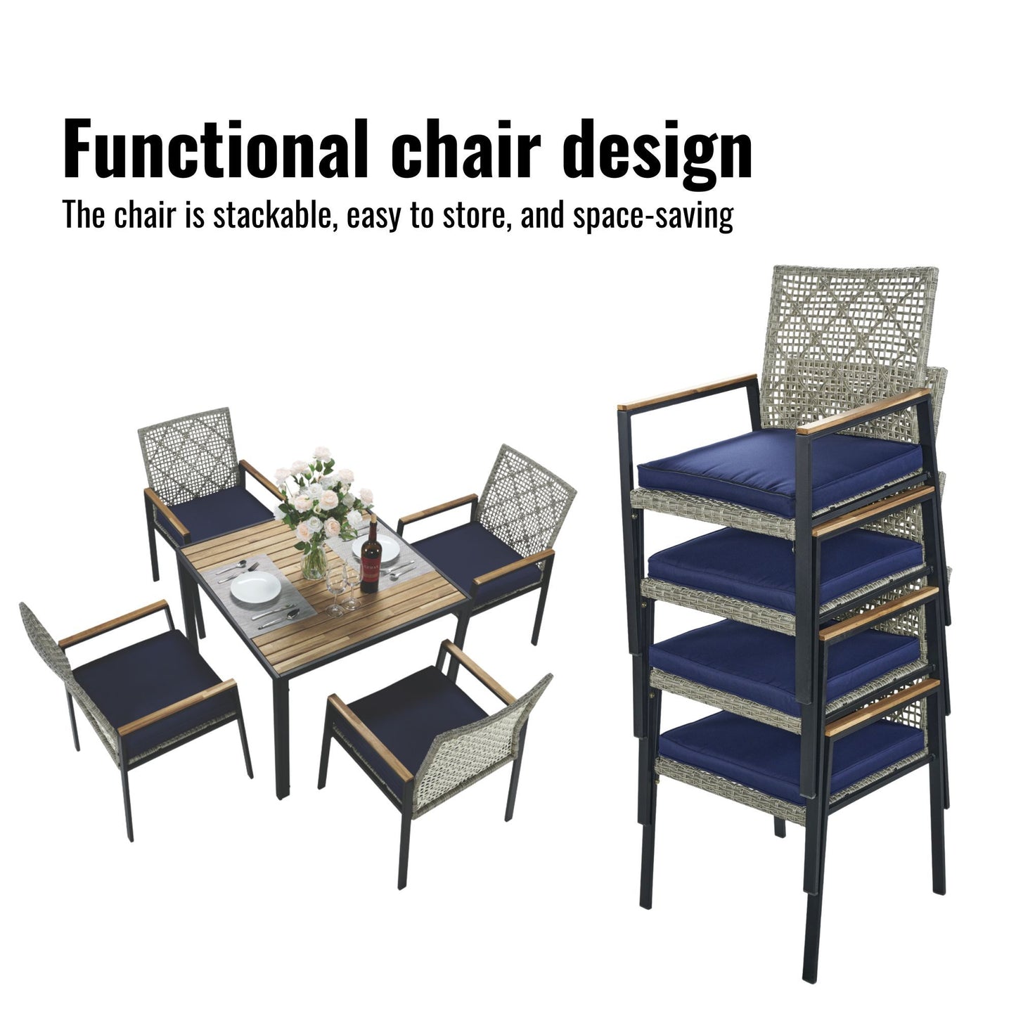 All Weather 5 Piece Patio Dining Table Sets With Acacia Wood Top And Umbrella Hole, Rattan Outdoor - Light Gray