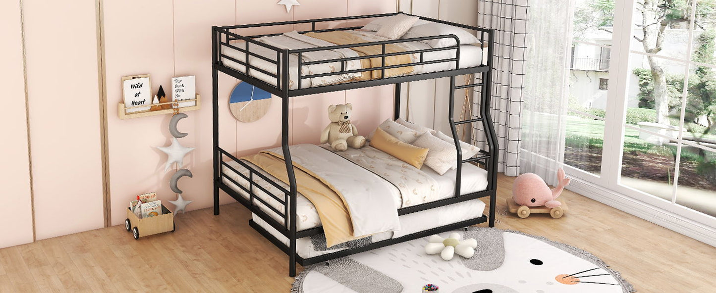 Full Long Over Queen Metal Bunk Bed With Trundle - Black