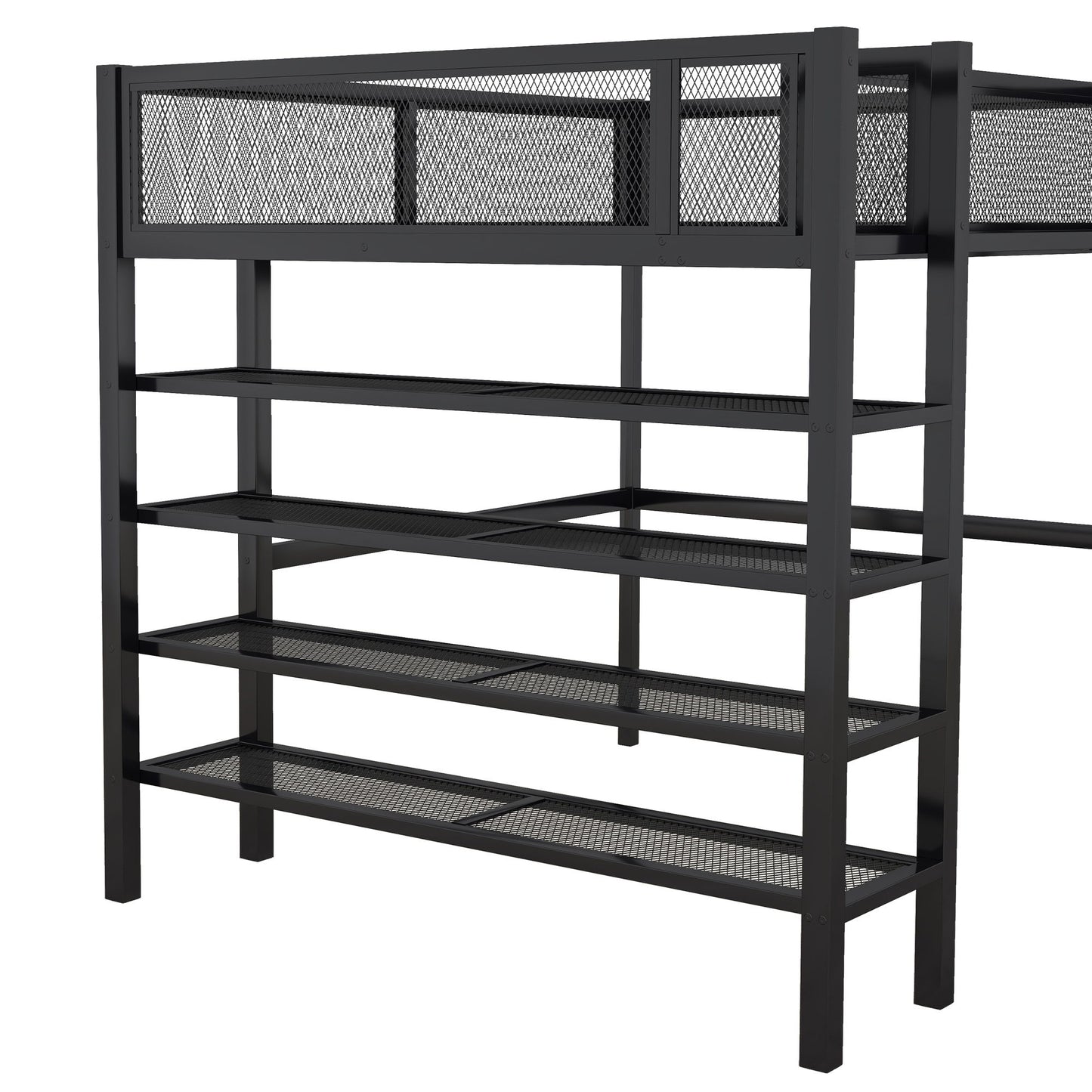 Full Size Loft Bed With 4 Tier Shelves And Storage - Black