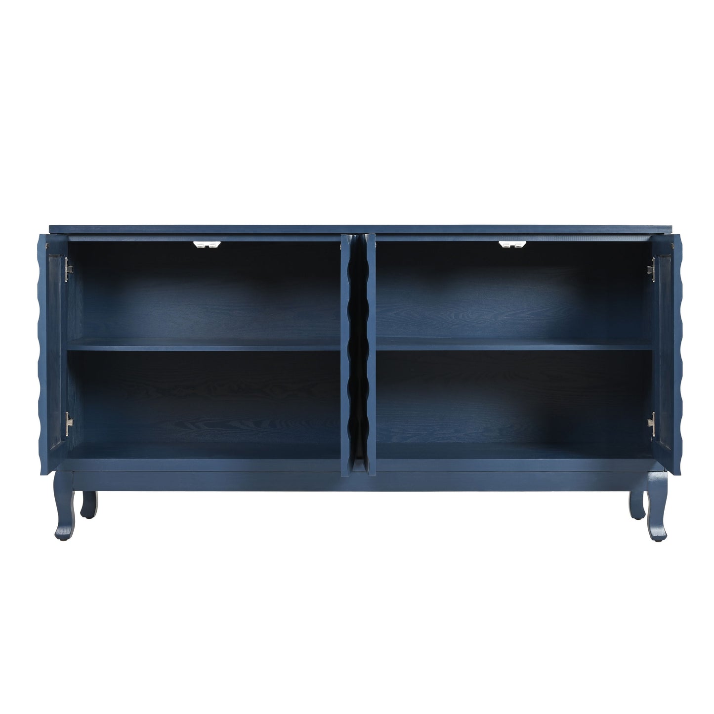 Elegant Sideboard With Sophisticated Wavy Pattern Doors And Arched Groove Design, Adjustable 4 Door Layout - Navy Blue
