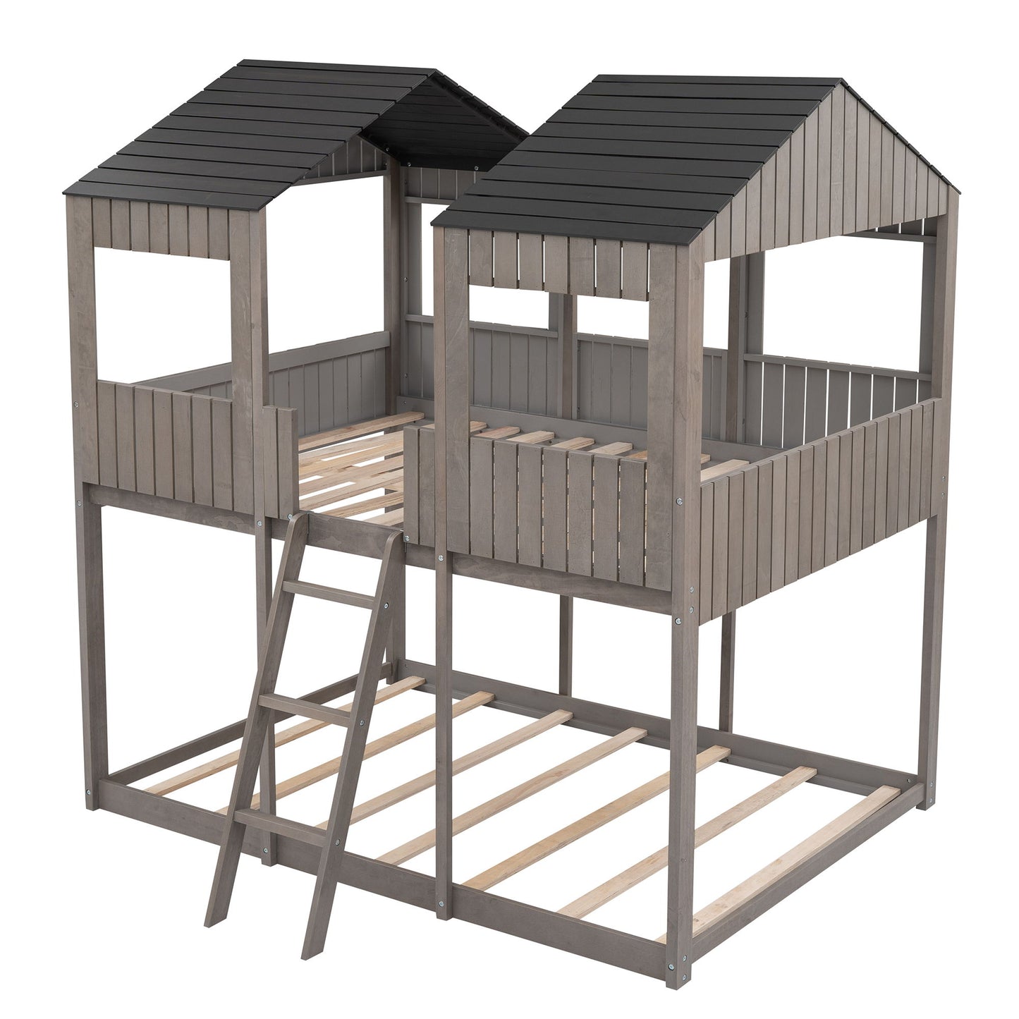 Full Over Full Bunk Bed With Roof, Window, Guardrail, Ladder - Antique Gray