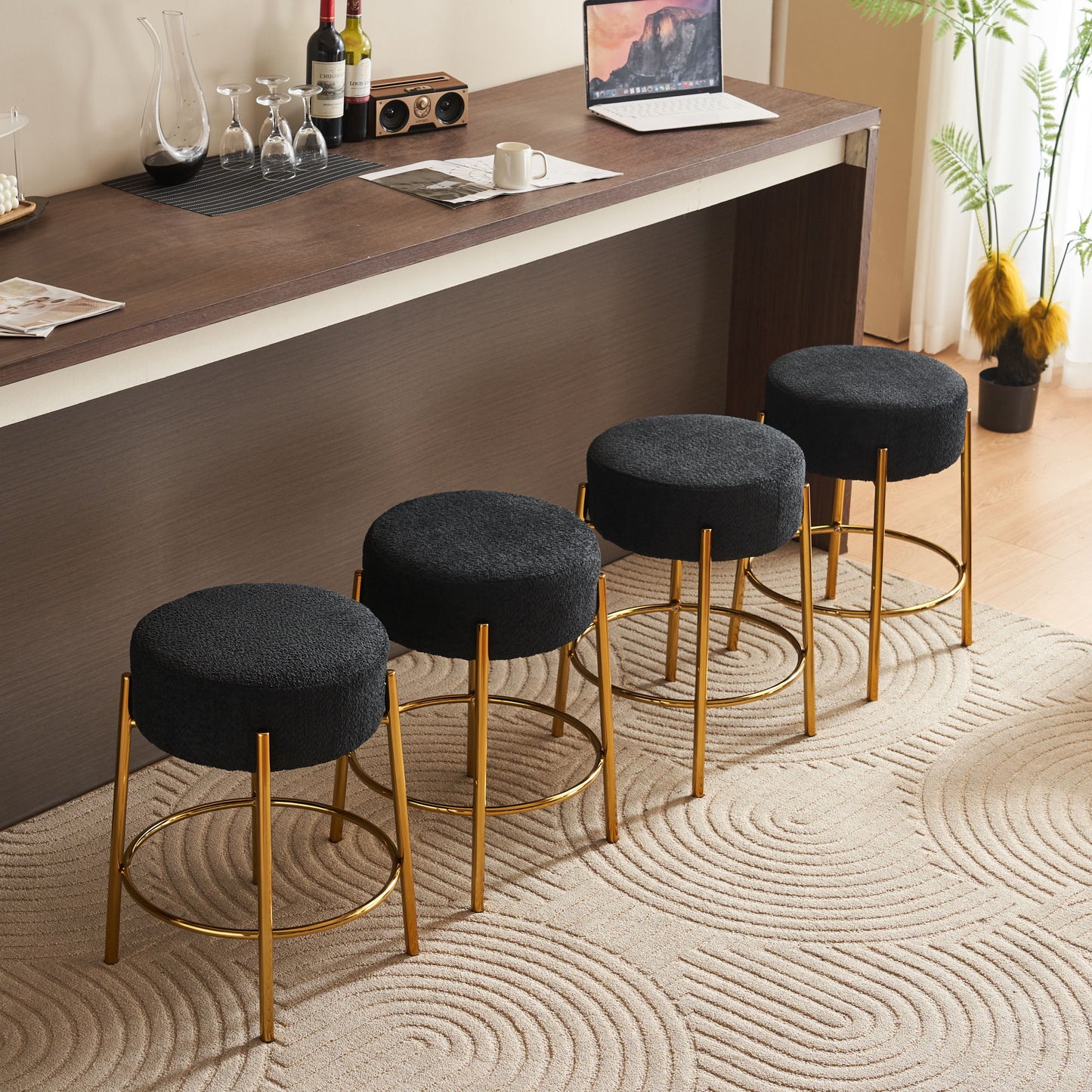 Round Bar Stools (Set of 2), Contemporary Upholstered Dining Stools For Kitchens, Coffee Shops And Bar Stores - Black / Gold