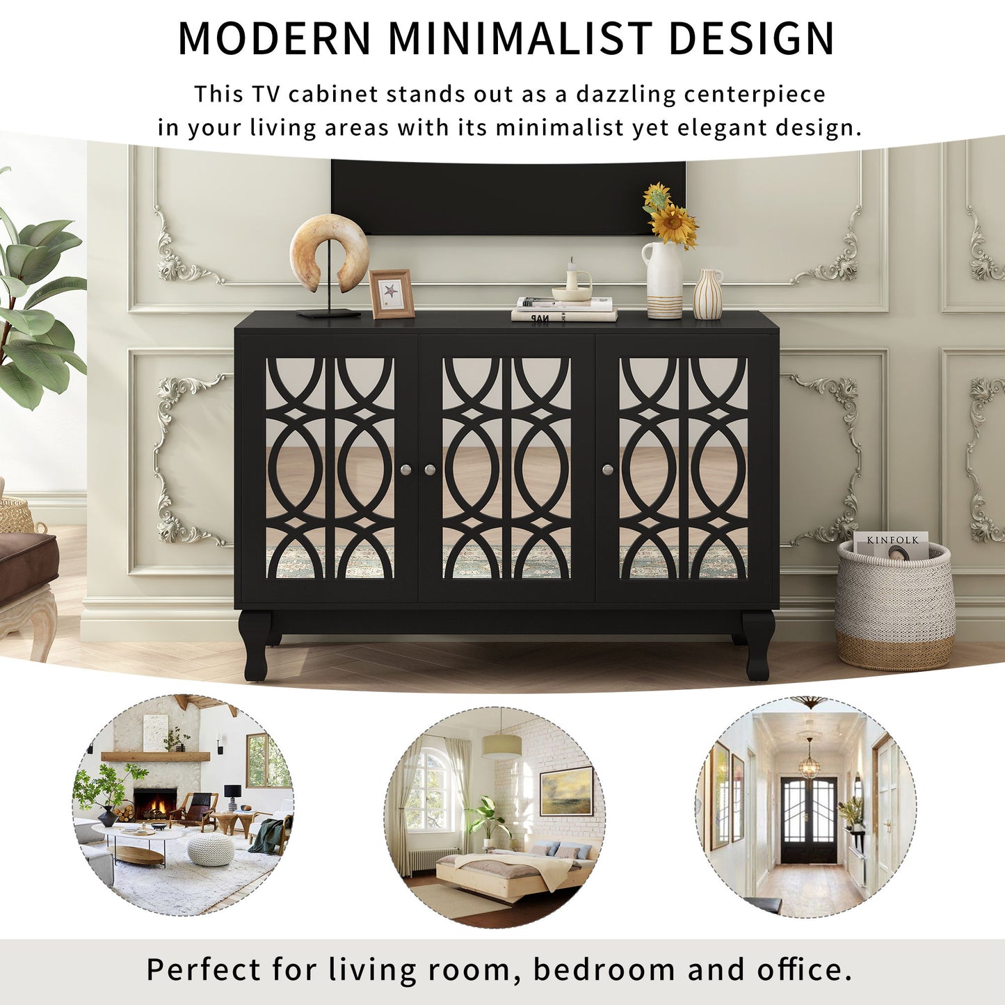 Modern Mirrored TV Stand For TV Up To 55", Entertainment Center Solid Wood Legs, Metal Handle And 3 Adjustable Shelves For Living Room - Black