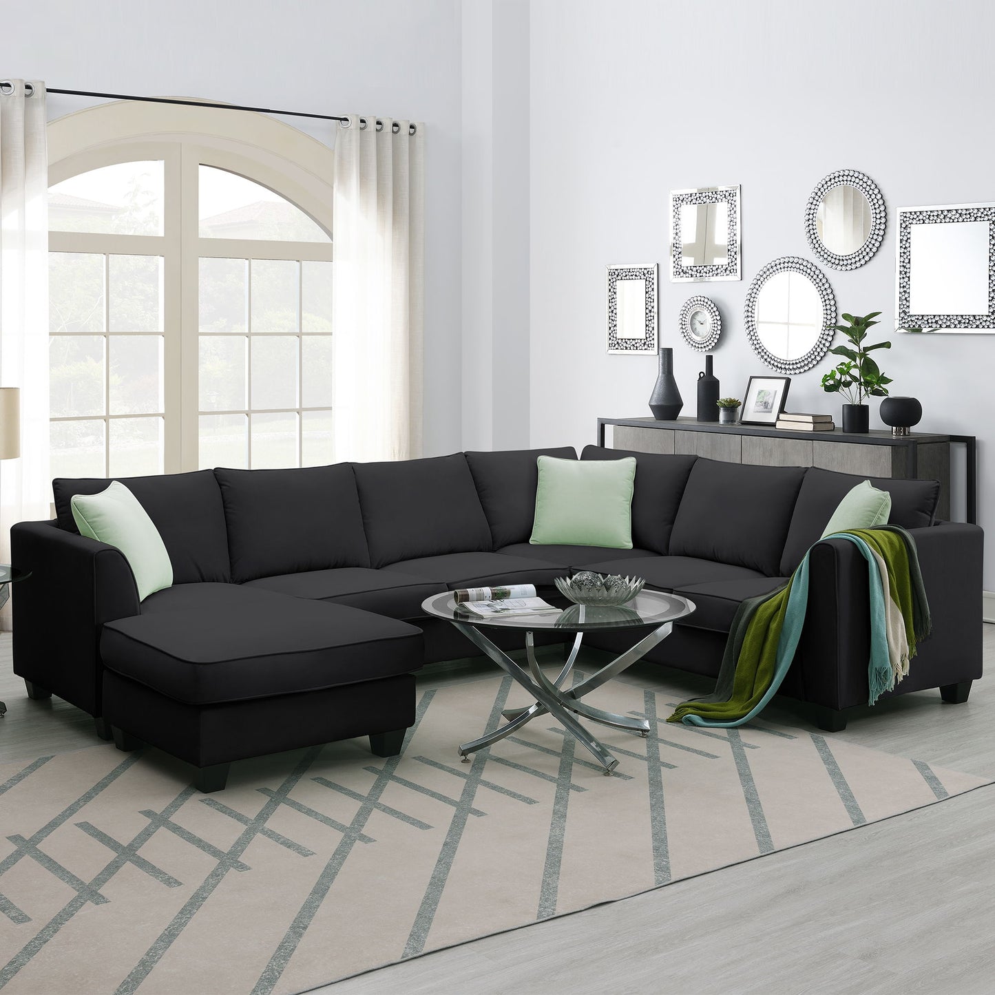 Sectional Sofa Couches Living Room Sets, 7 Seats Modular Sectional Sofa With Ottoman, L Shape Fabric Sofa Corner Couch Set With 3 Pillows - Black