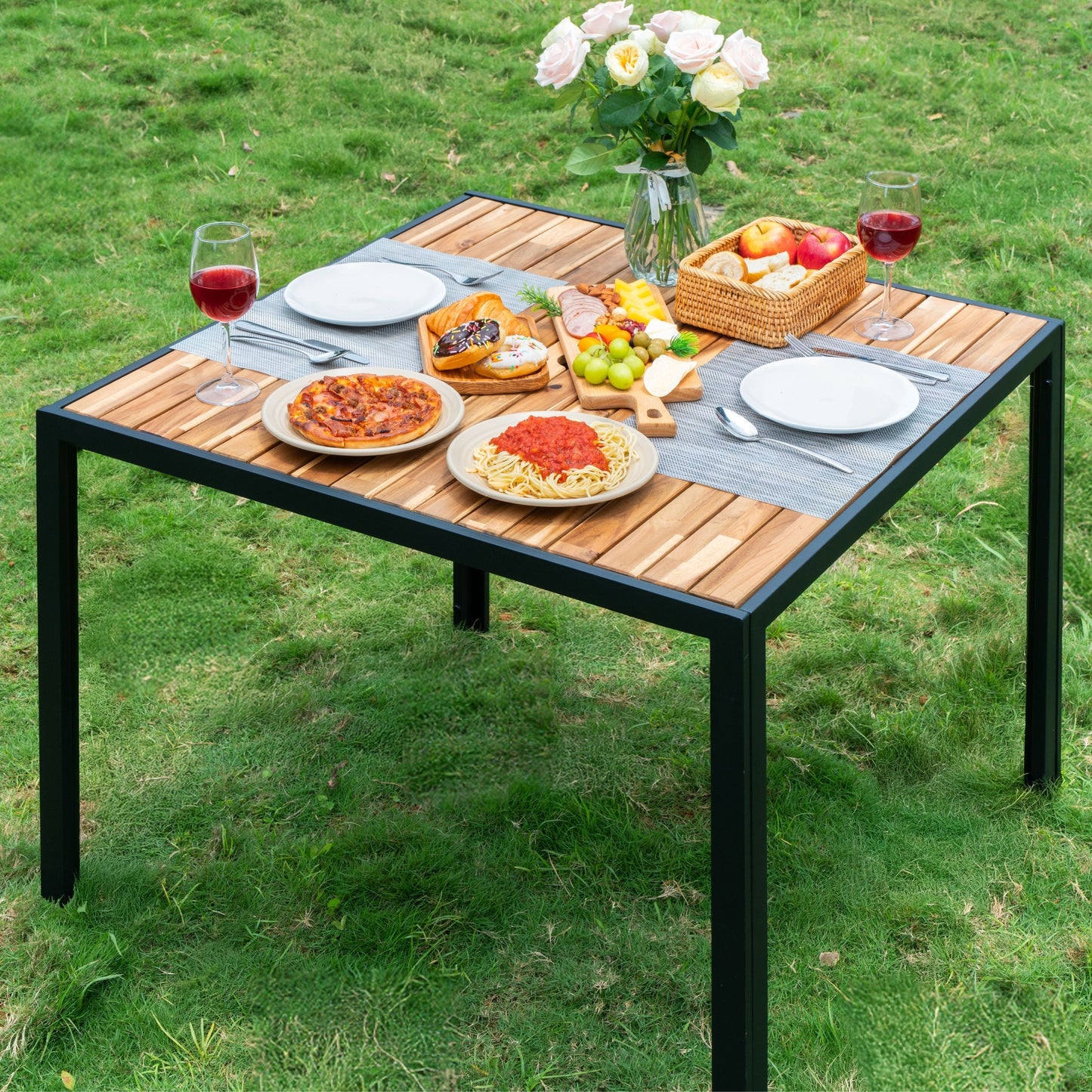 All Weather 5 Piece Patio Dining Table Set, Acacia Wood Table Top With Umbrella Hole, Rattan Outdoor - Coffee Brown