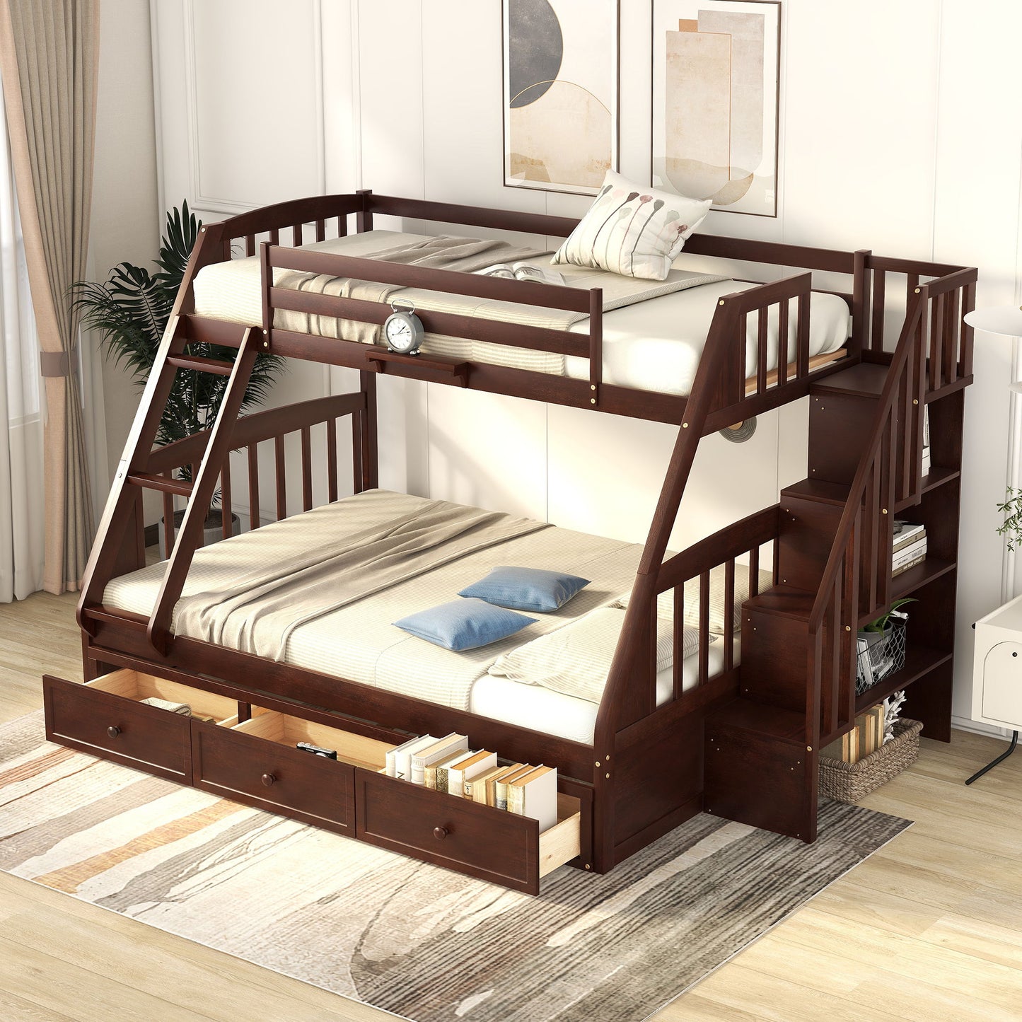 Twin Over Full Bunk Bed With Drawers, Ladder And Storage Staircase - Espresso