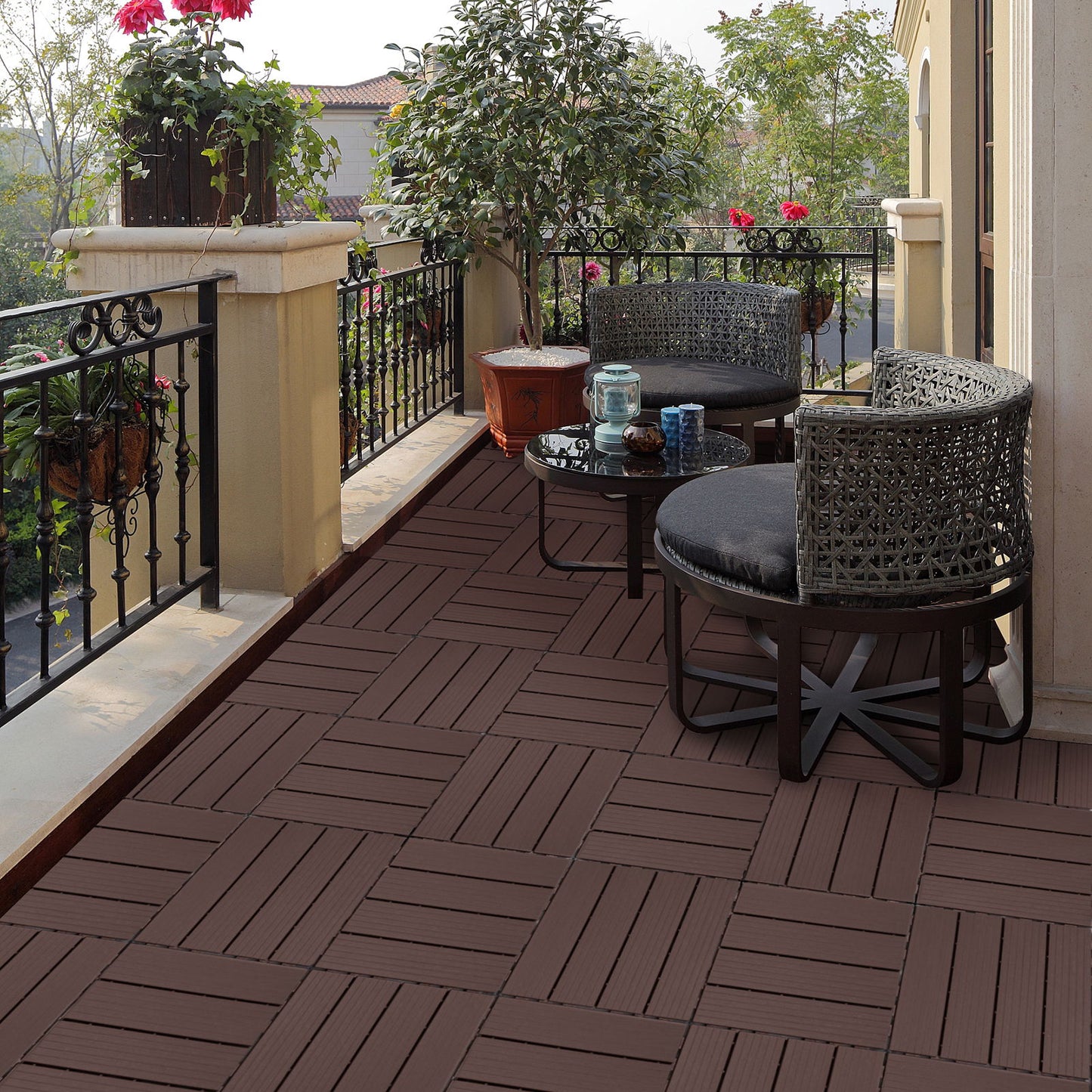 Plastic Interlocking Deck Tiles, Patio Flooring Outdoor Waterproof All Weather Use For Garden Poolside Front / Back Yard (Set of 44) - Light Coffee Color