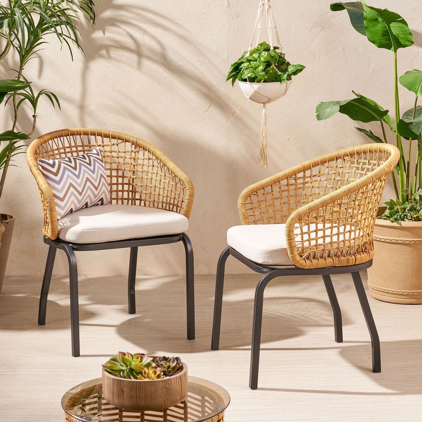 Outdoor Wicker Chair With Powder Coated Iron Legs - Light Brown