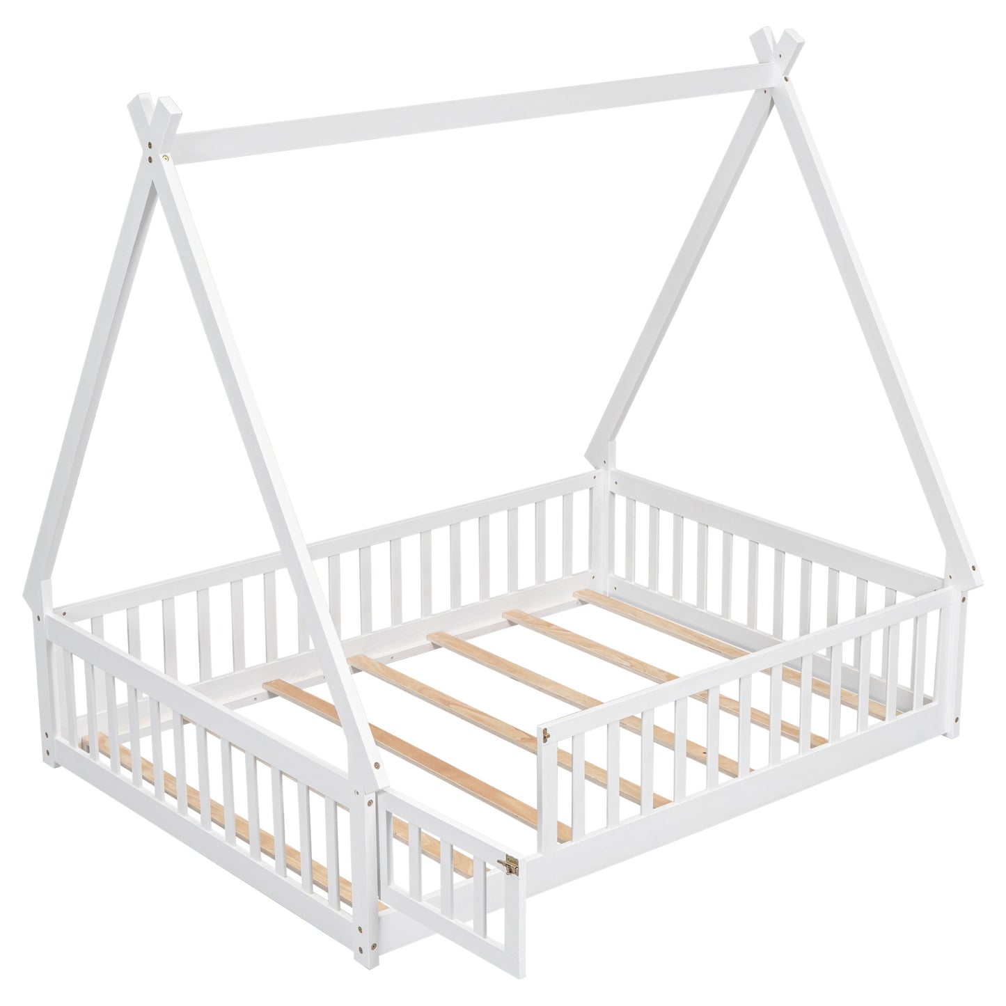 Full Tent-Shaped Floor Bed, With Guardrails, Slats, Door - White