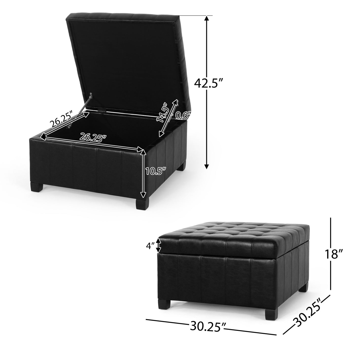 Storage Ottoman For Living Room, Bedroom - Black