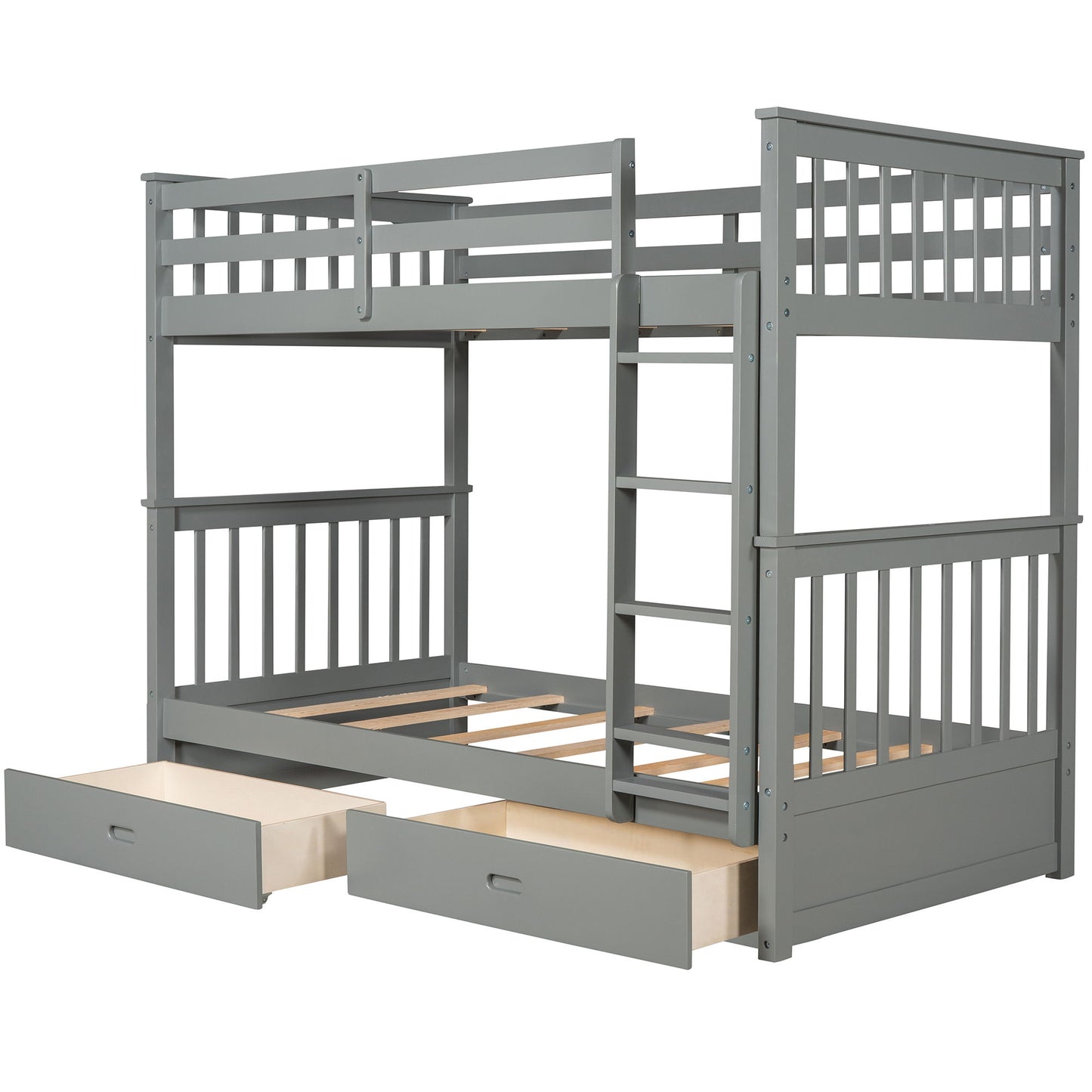 Twin Over Twin Bunk Bed With Ladders And 2 Storage Drawers - Gray