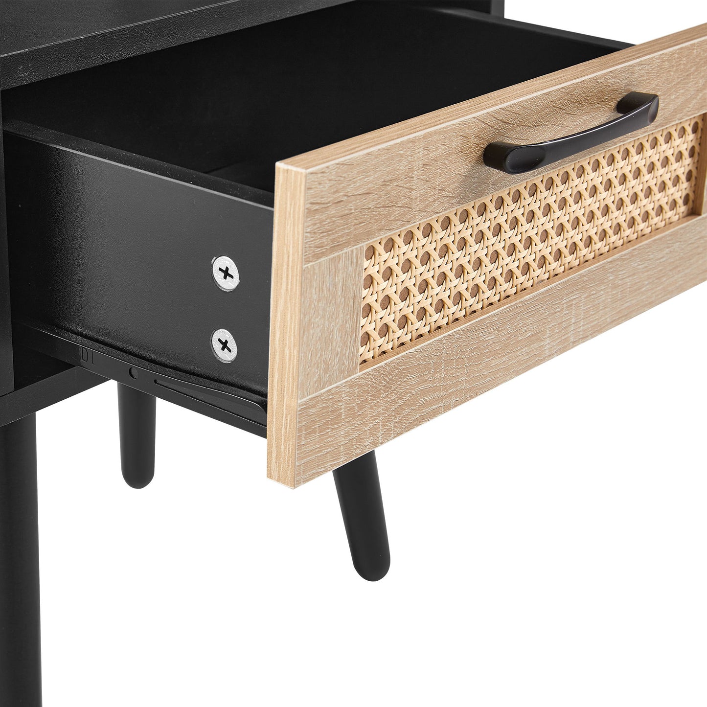 15.75" Rattan End Table With Drawer And Solid Wood Legs, Modern Nightstand, Side Table For Living Room, Bedroom - Black