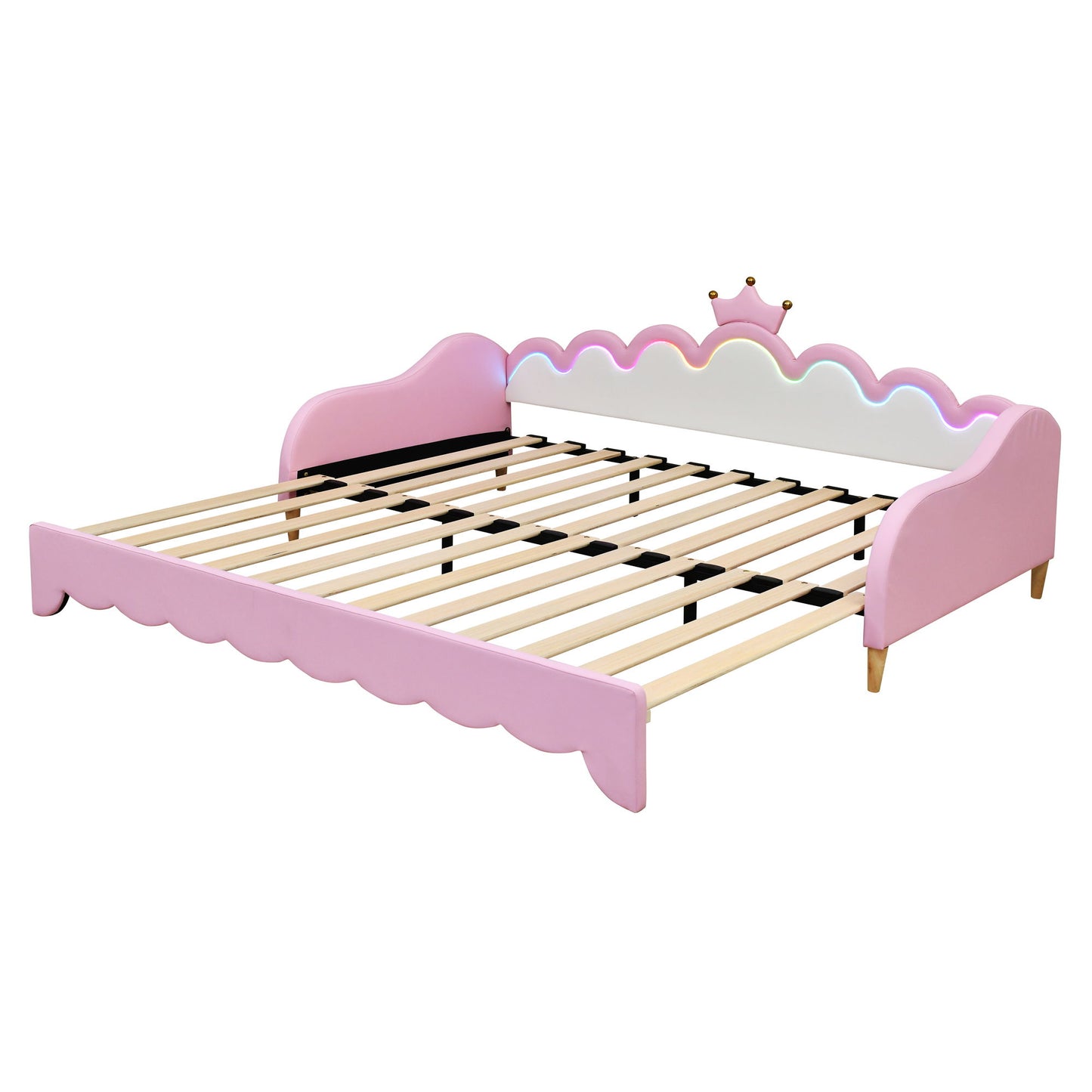 Twin Extending Daybed With LED Lights, Modern Upholstered Princess Daybed With Crown Headboard - Pink