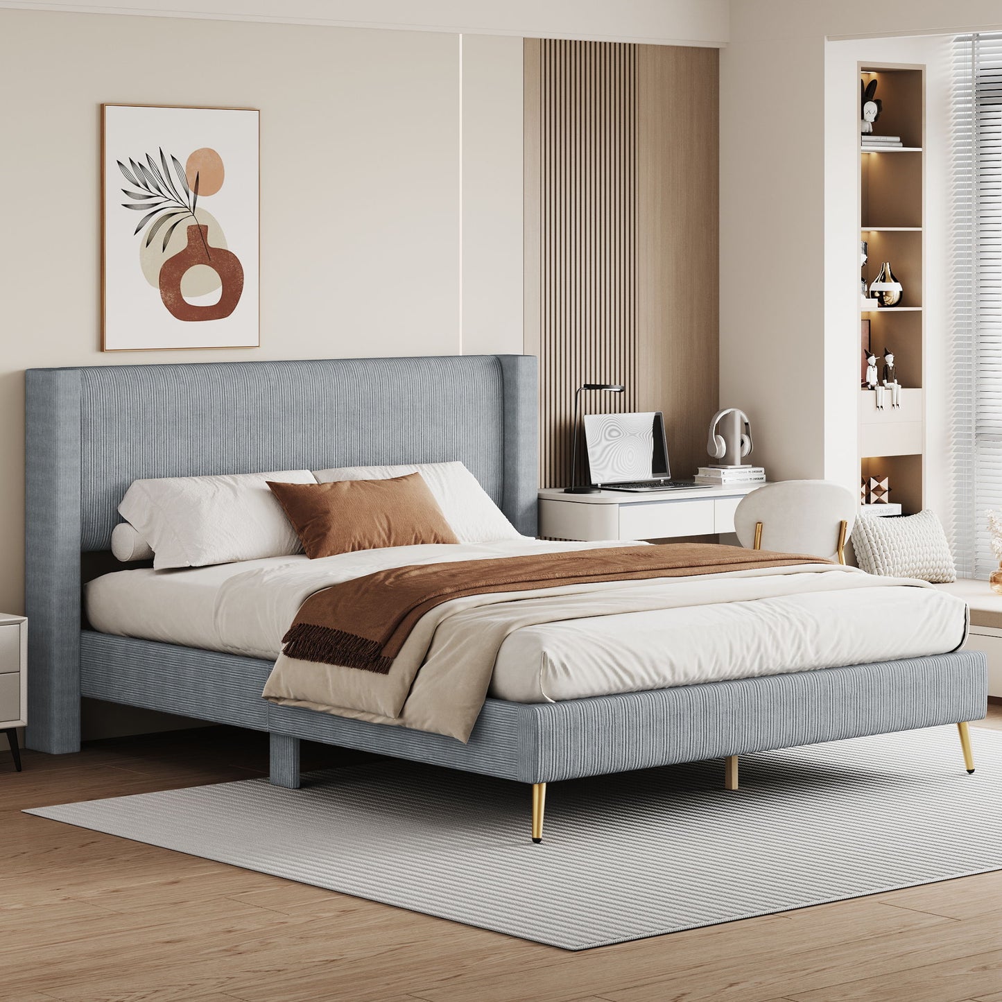 Queen Size Platform Contemporary Bed With Legs - Gray