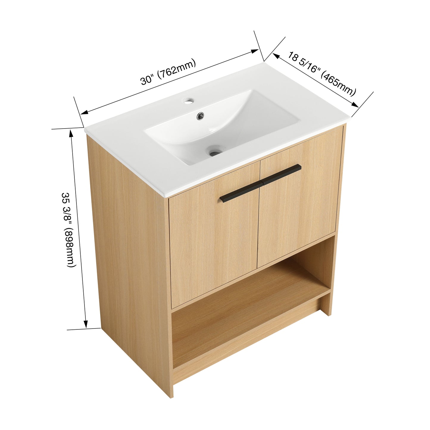 Modern 30" Bathroom Vanity With Ceramic Sink, Freestanding Cabinet, 2 Soft Closing Doors - Oak