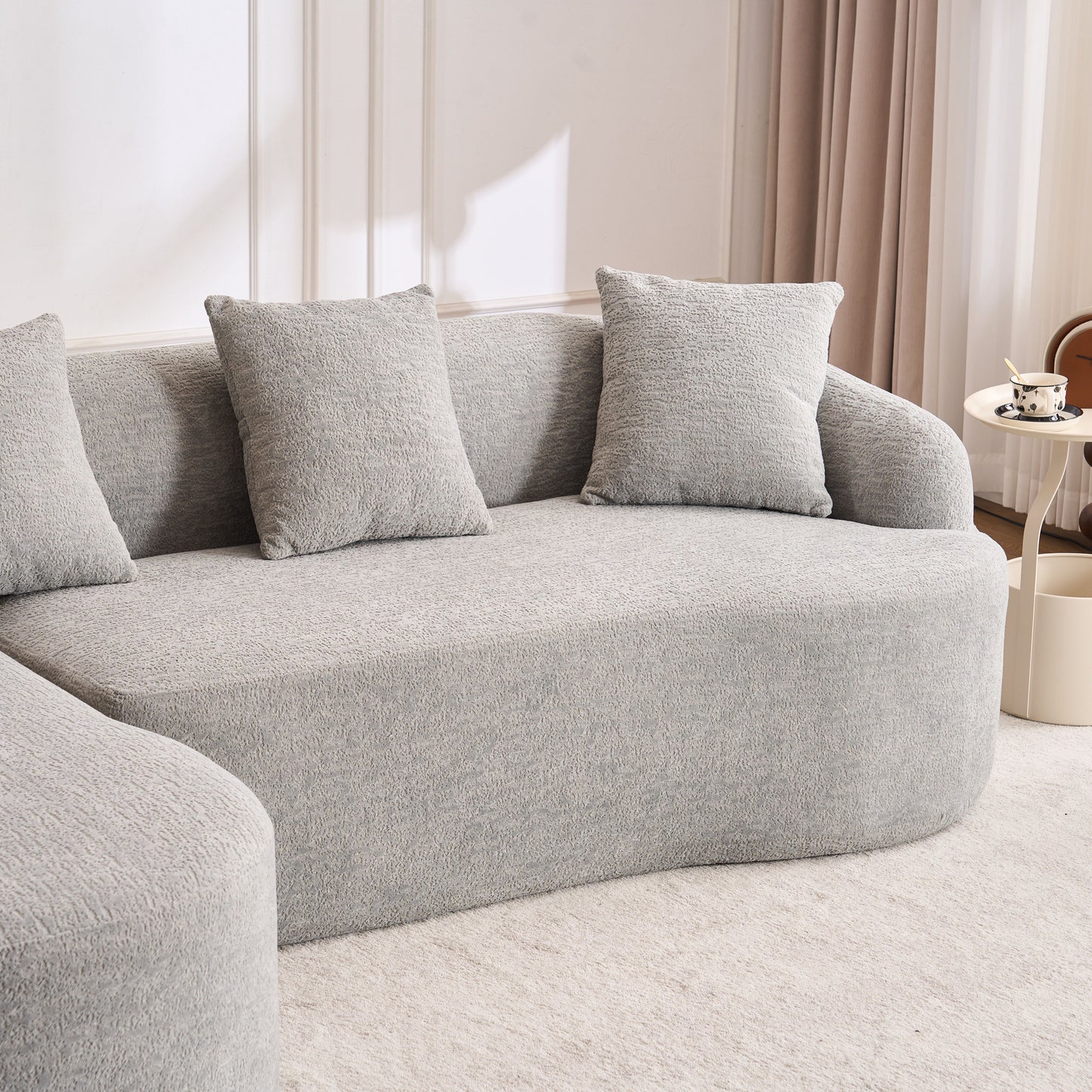 Compression Sofa: Combining Chaise Longue With 3 Seater, Wood Grain Chenille Fabric, Full Sponge Compression Sofa, Combined Sofa With 4 Pillows For Living / Home Furniture / Apartment - Gray