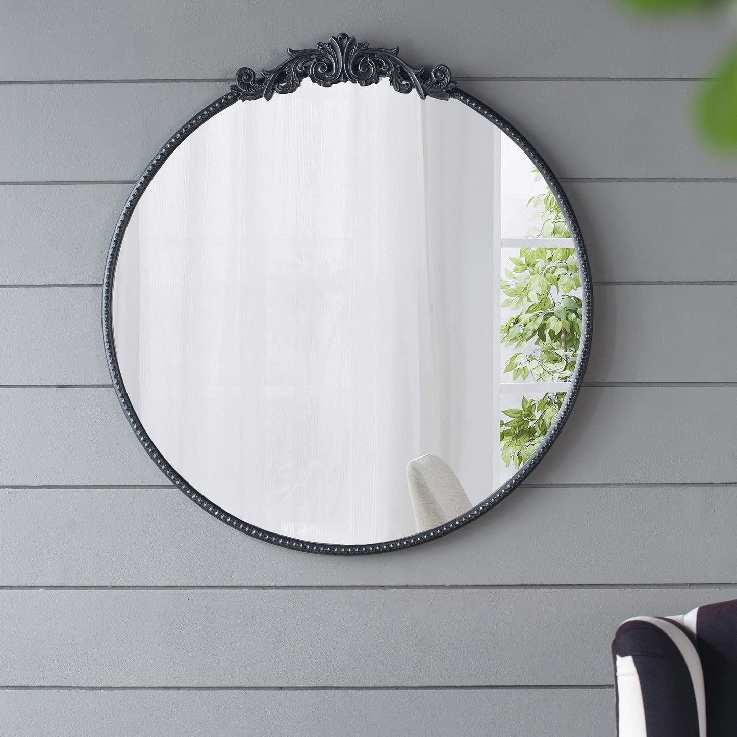 Classic Design Mirror With Round Shape And Baroque Inspired Frame For Bathroom, Entryway Console Lean Against Wall - Black