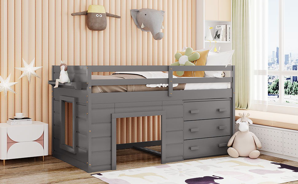 Twin Size Loft Bed With Cabinet And Shelf - Gray