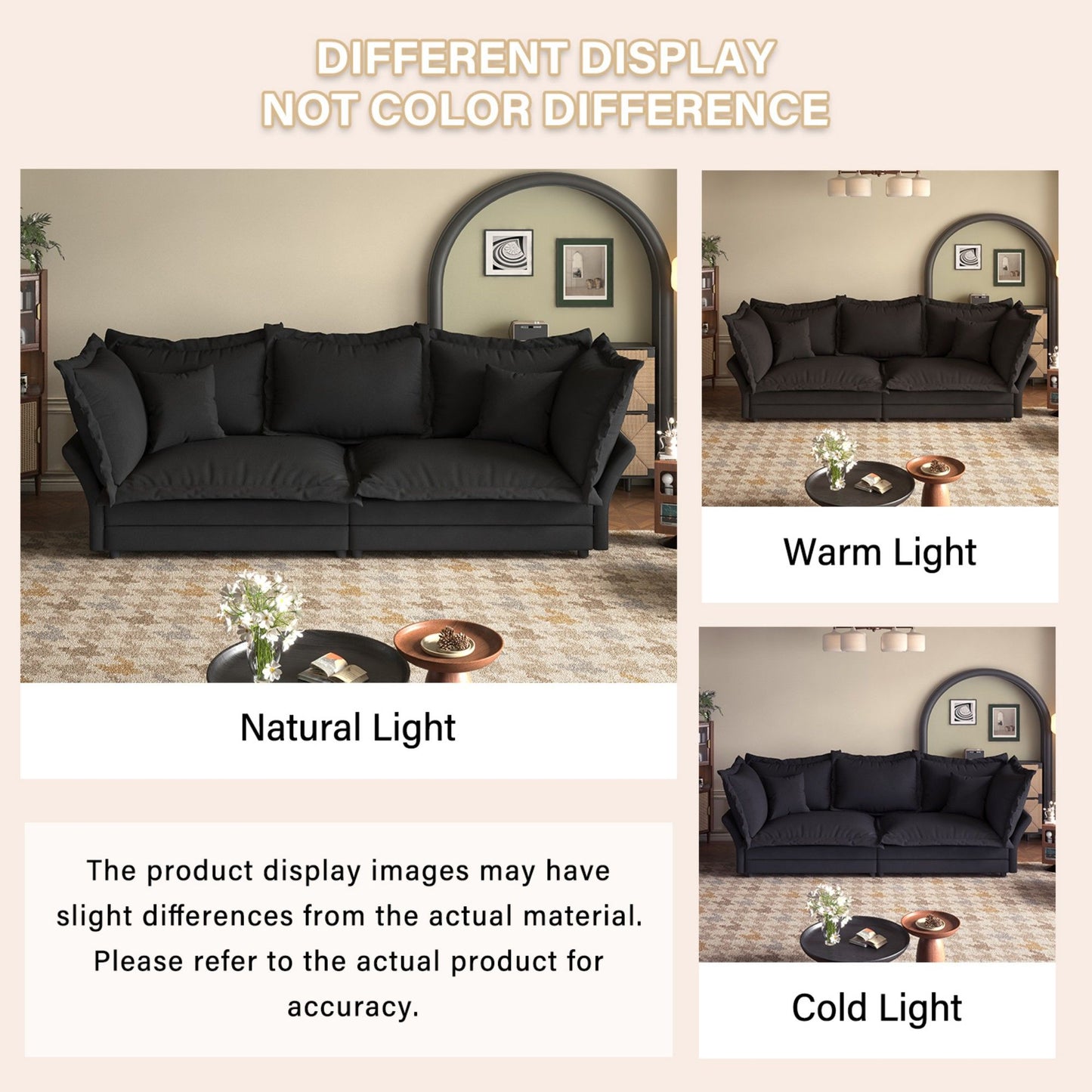 Modern Comfy Upholstered Sofa Cloud Couch, Deep Seat Couches With Multiple Large Soft Pillows, Convertible Deep Seat Chaise Longue For Living Room - Black