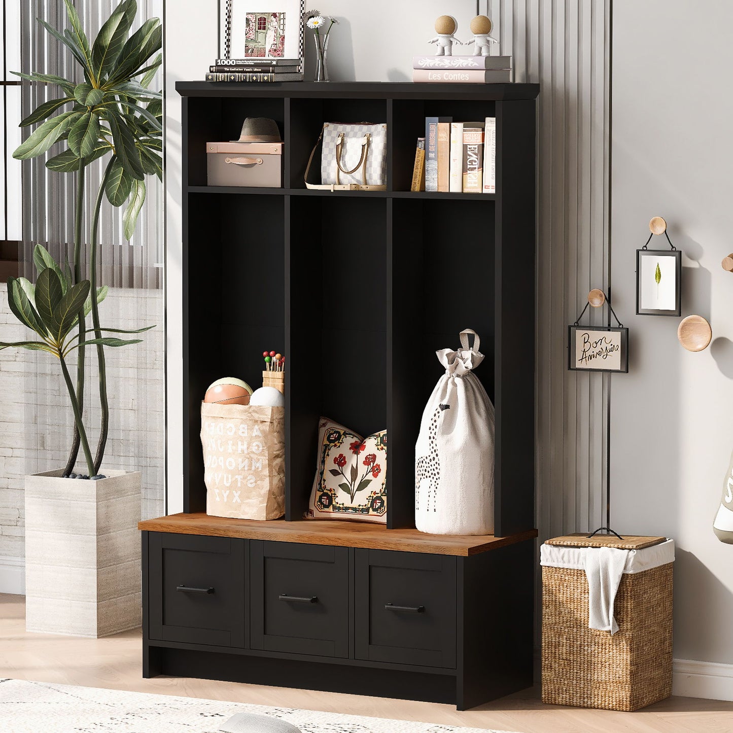 Modern Hall Tree With Entryway Bench, 3 Shelves And Drawers, Wide Hall Tree With Storage Bench For Hallway - Black
