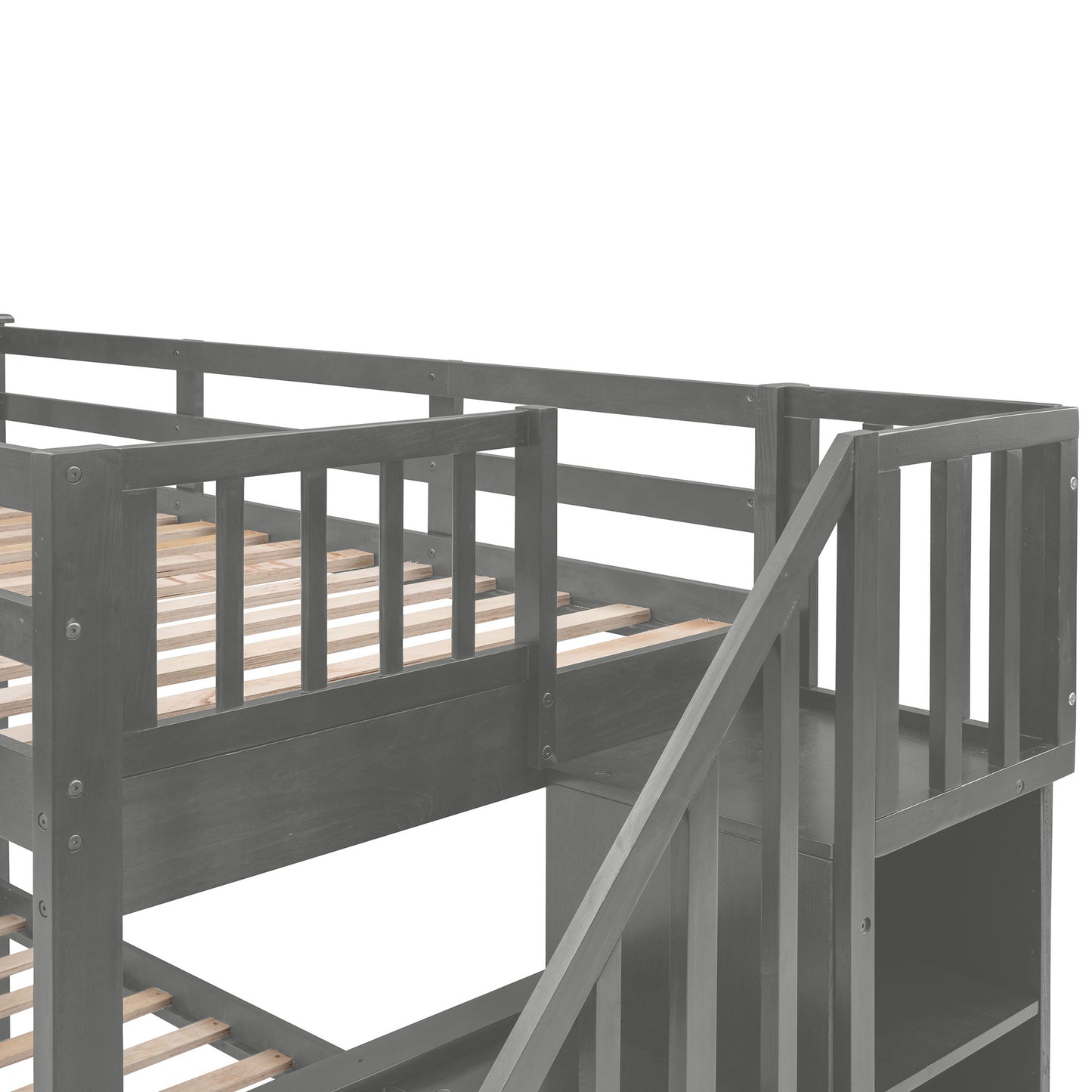 Twin Over Full Stairway Bunk Bed With Drawer, Storage And Guard Rail For Bedroom - Gray
