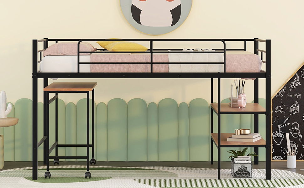 Twin Size Loft Bed With Desk And Shelves - Black