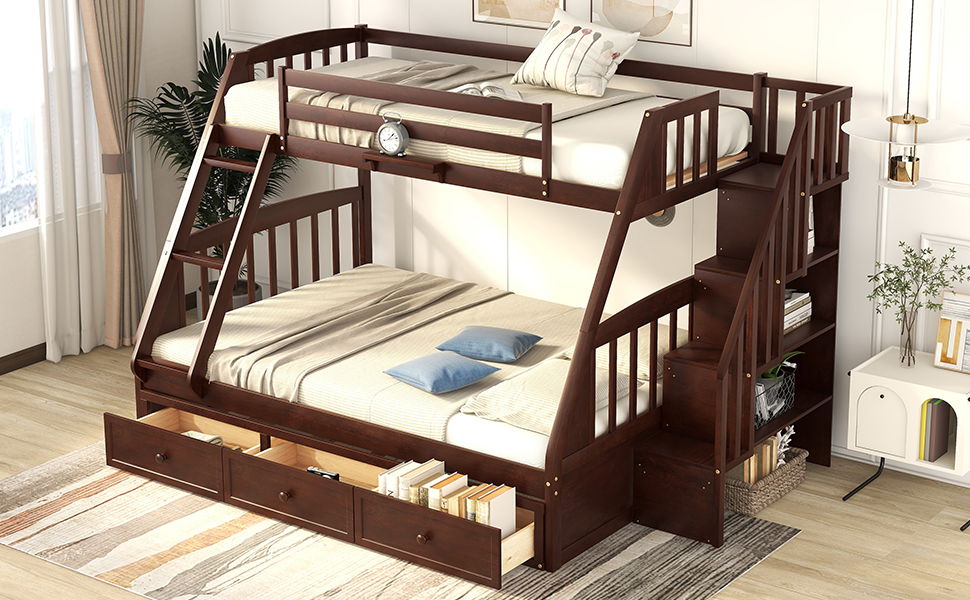 Twin Over Full Bunk Bed With Drawers, Ladder And Storage Staircase - Espresso