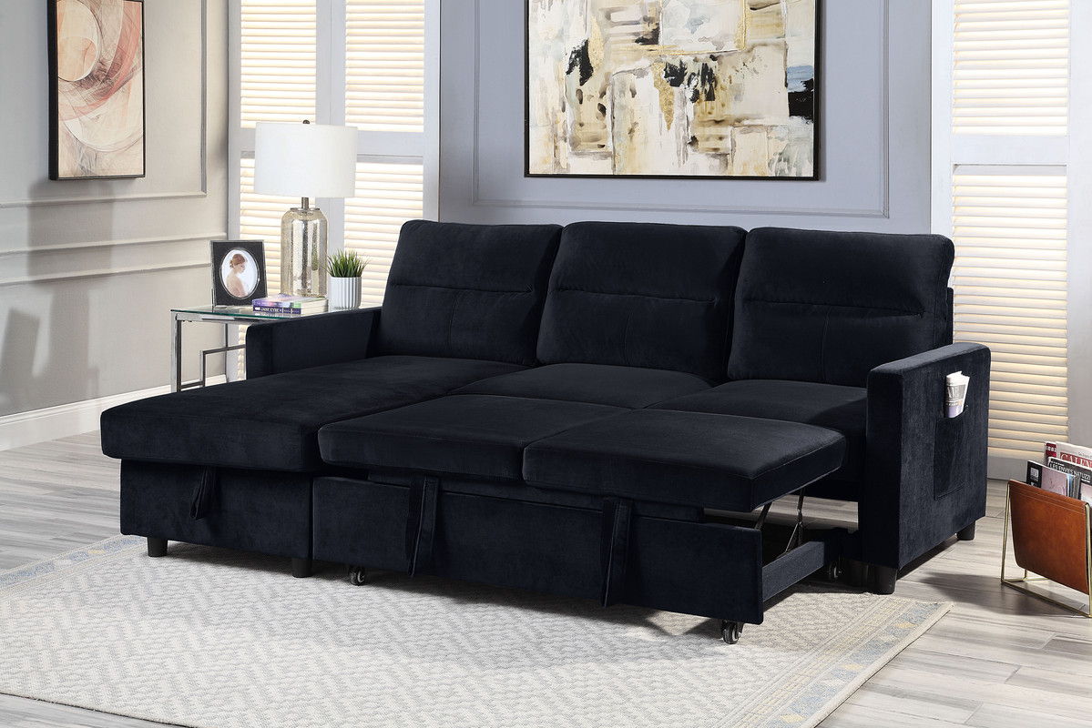 Ivy - Velvet Reversible Sleeper Sectional Sofa With Storage Chaise And Side Pocket - Black