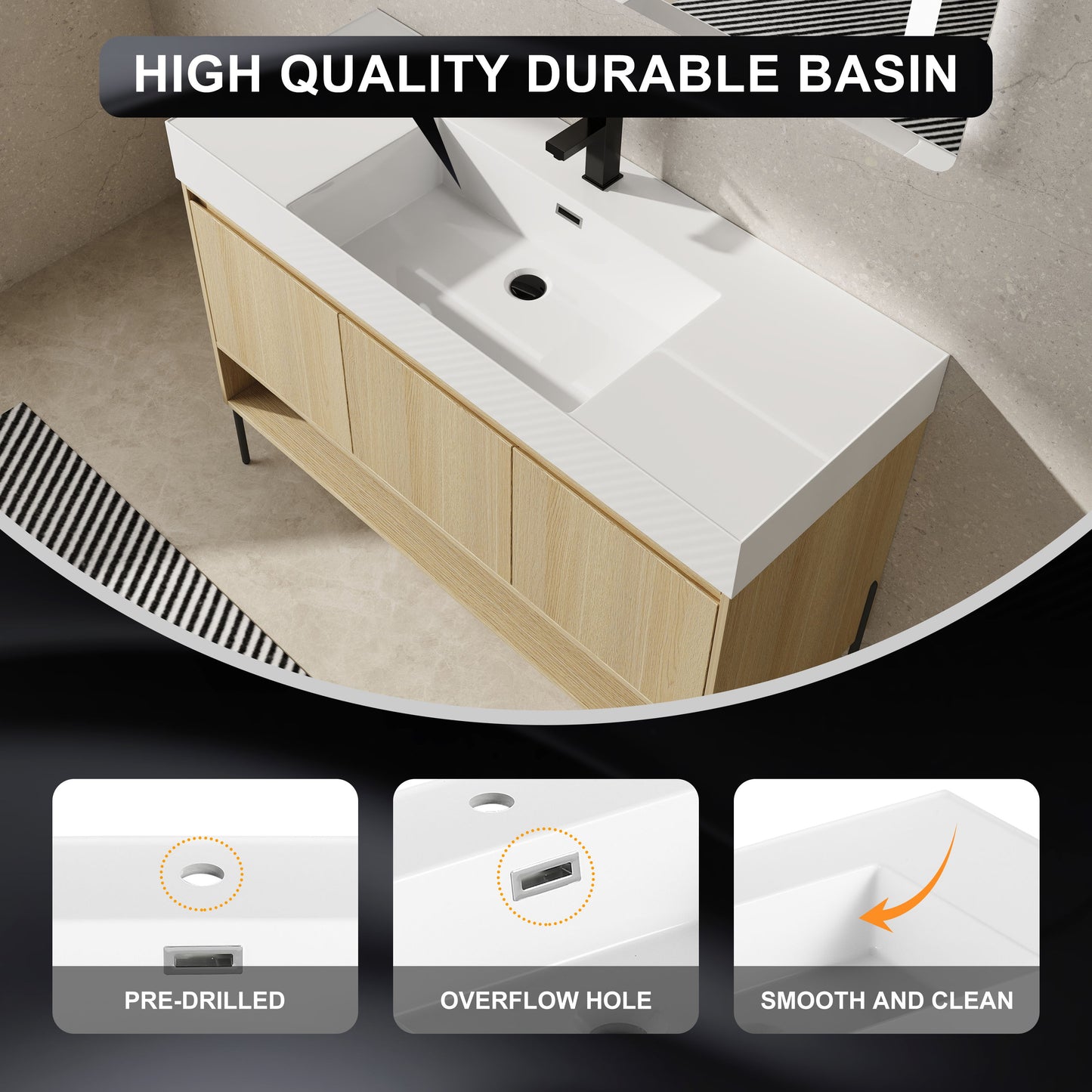 Modern Bathroom Vanity Combo With Single Resin Sink And Storage Cabinet, Multilayer Solid Wood - Oak