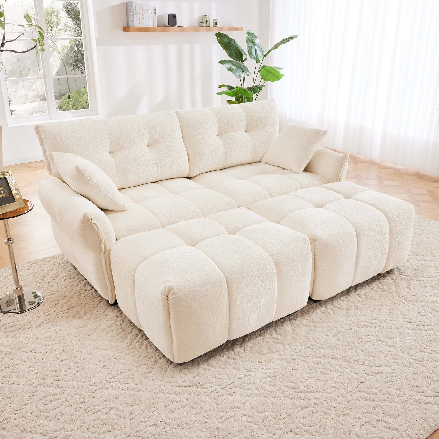 Cozy Plush 2 Seater Sofa Set With Ottomans And Throw Pillows - White