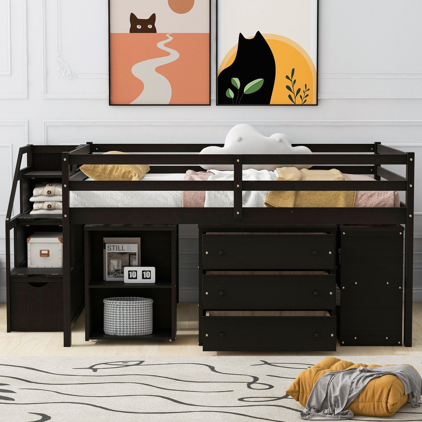 Full Size Loft Bed With Retractable Writing Desk And 3 Drawers With Storage Stairs And Shelves - Espresso