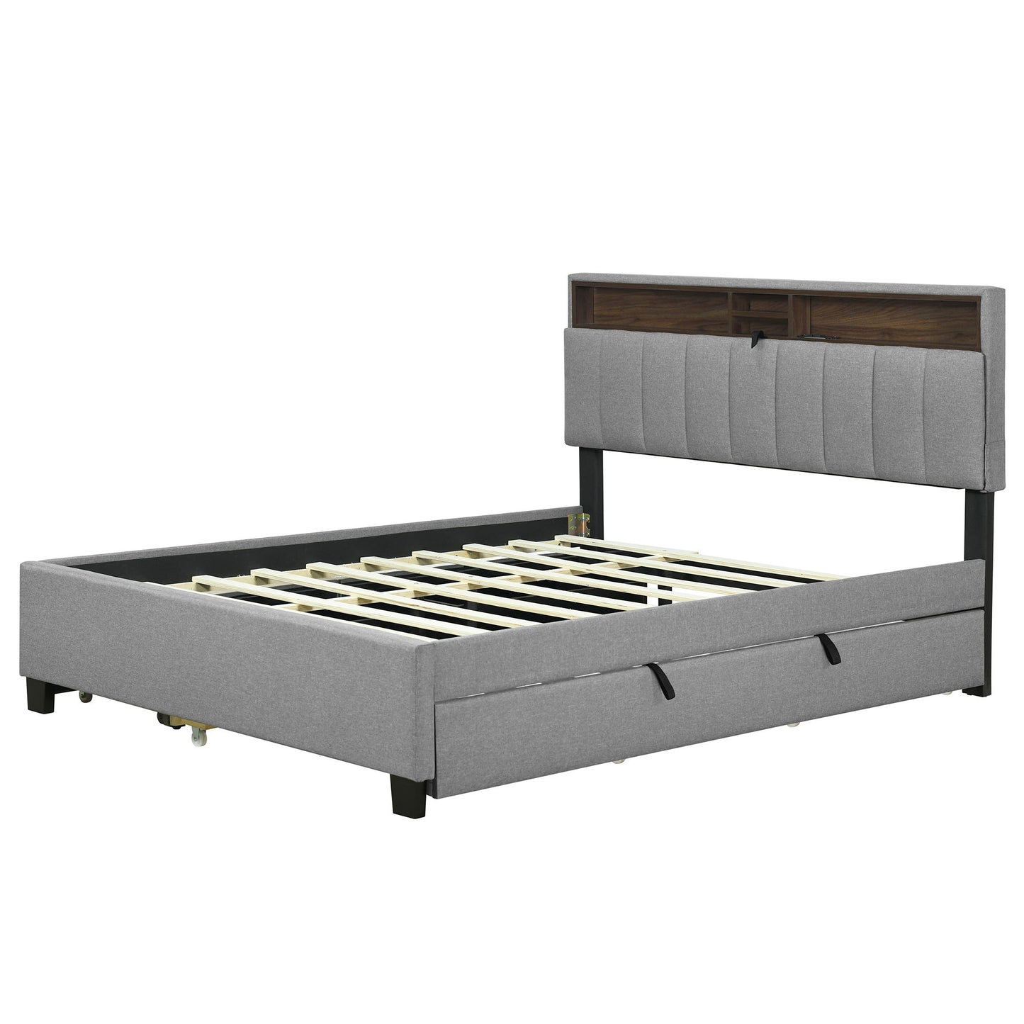 Queen Size Upholstered Platform Bed With Storage Headboard, Twin Long Size Trundle & 2 Drawers And A Set Of Sockets & USB Ports - Gray