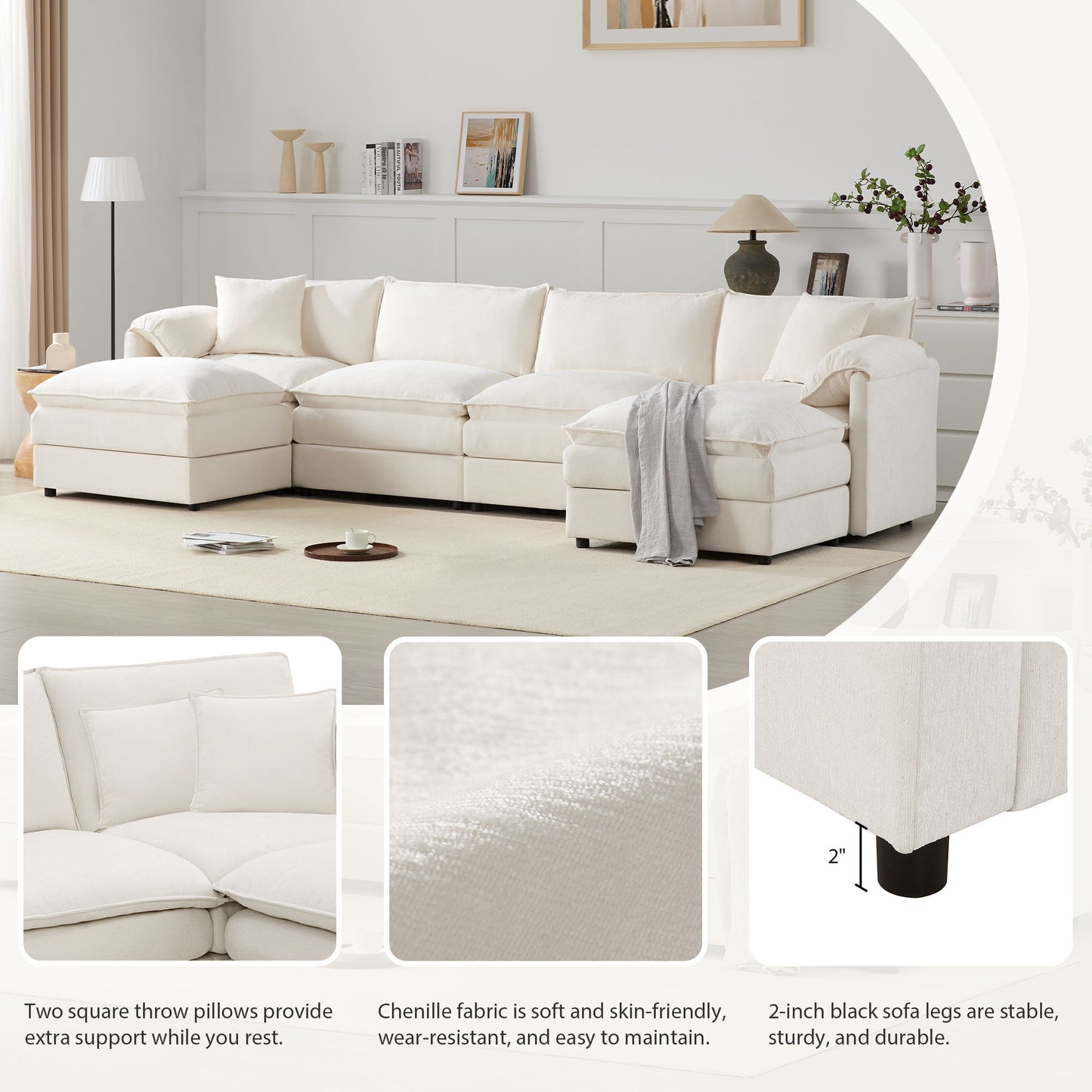 Modular Sectional With Deep And Wide Seat, U Shaped Cloud Couch Set With Double Cushions 6 Seat Sofa With Movable Ottomans Oversized - Cream