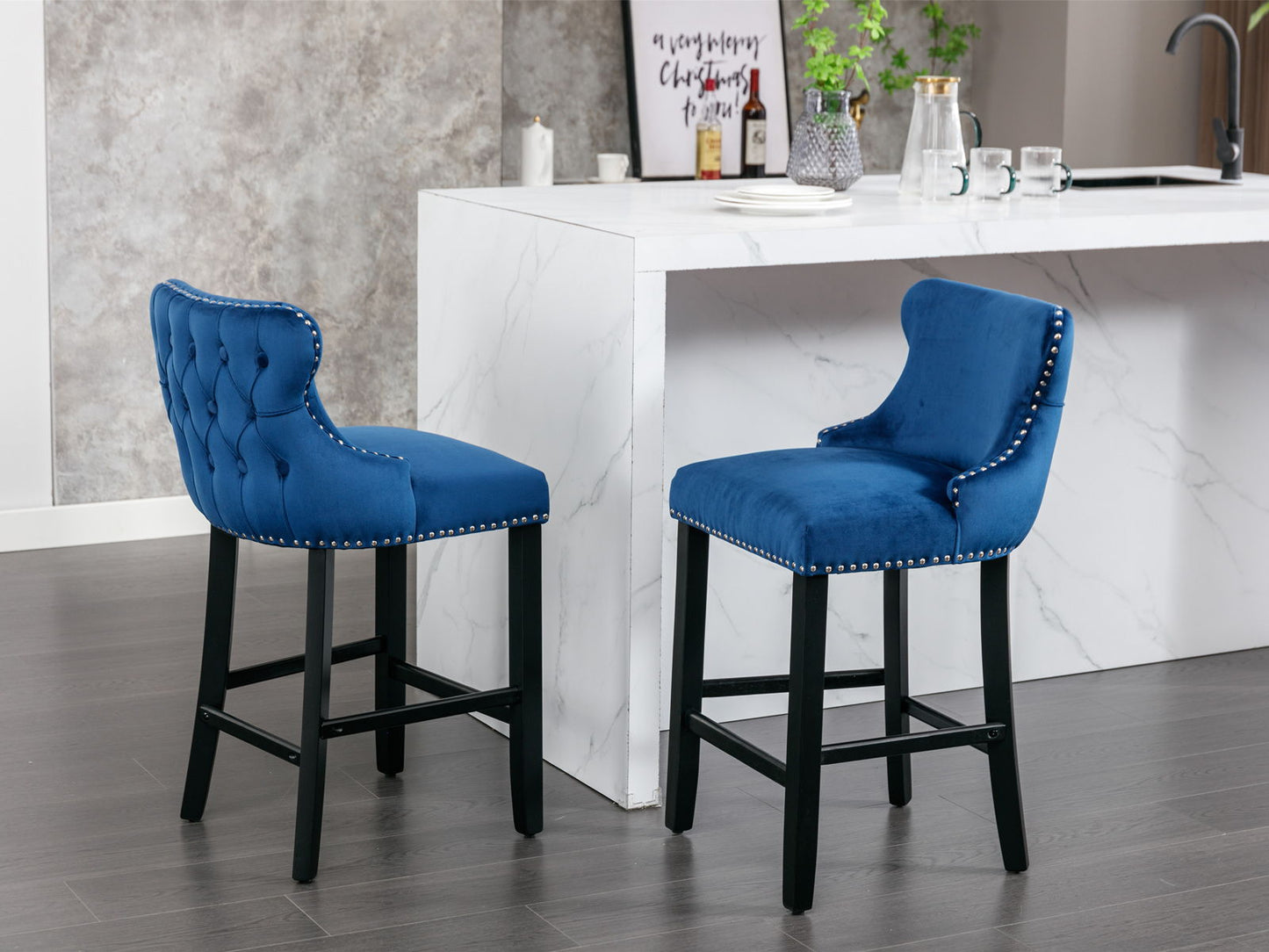 Contemporary Velvet Upholstered Wing-Back Barstools With Button Tufted Decoration And Wooden Legs, And Chrome Nailhead Trim, Leisure Style Bar Chairs, Bar Stools (Set of 4) - Blue