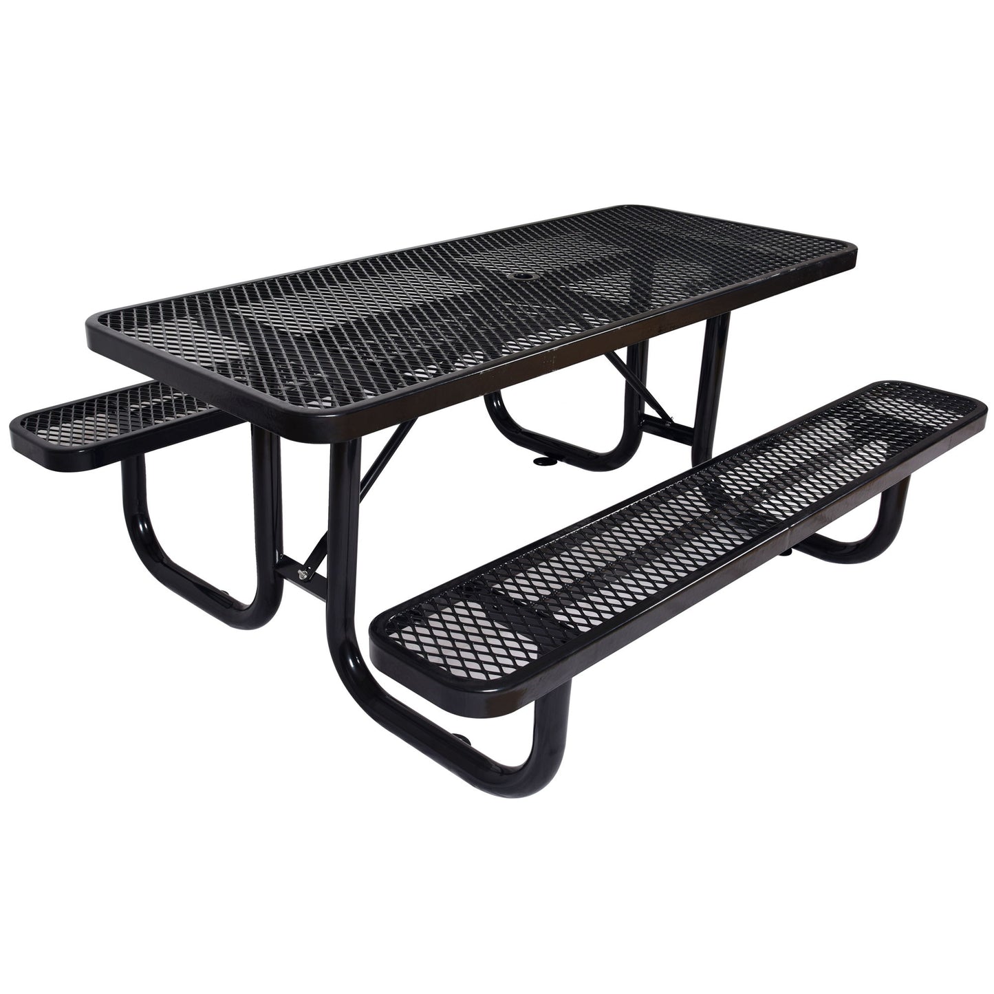 Rectangular Outdoor Steel Picnic Table With Umbrella Pole - Black