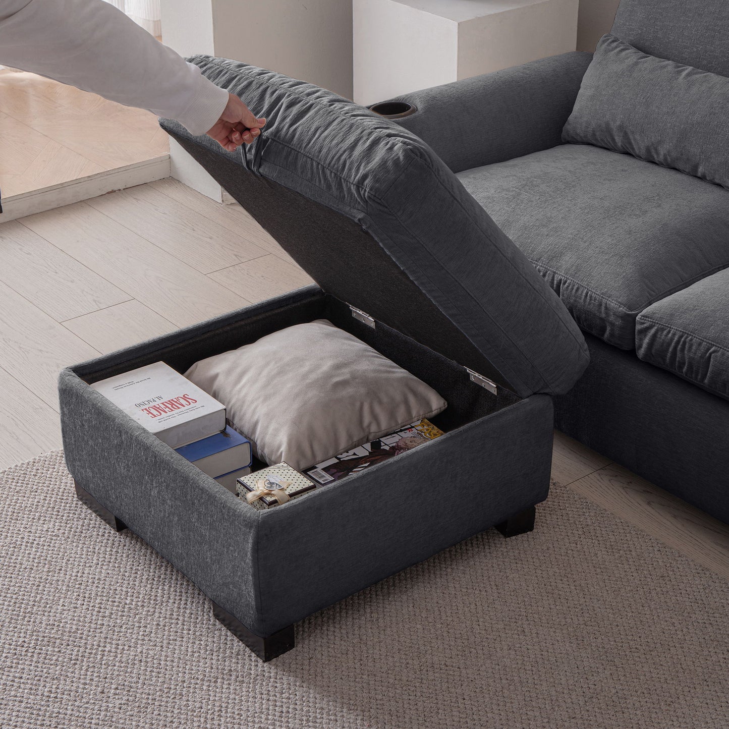 Modern Modular L Shaped Chenille Sofa Couch Reversible Ottoman With Storage Removable And Washable Cushions Sofa With USB Ports & Cup Holder For Living Room - Dark Gray