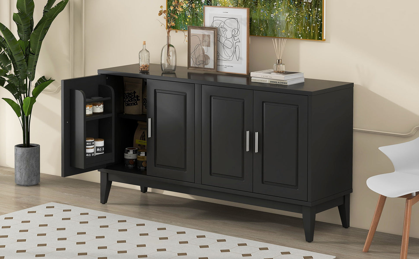 4 Door Sideboard Storage Cabinet With Door Shelf For Living Room And Dining Room, 2 Large Cabinets With Adjustable Shelf - Black