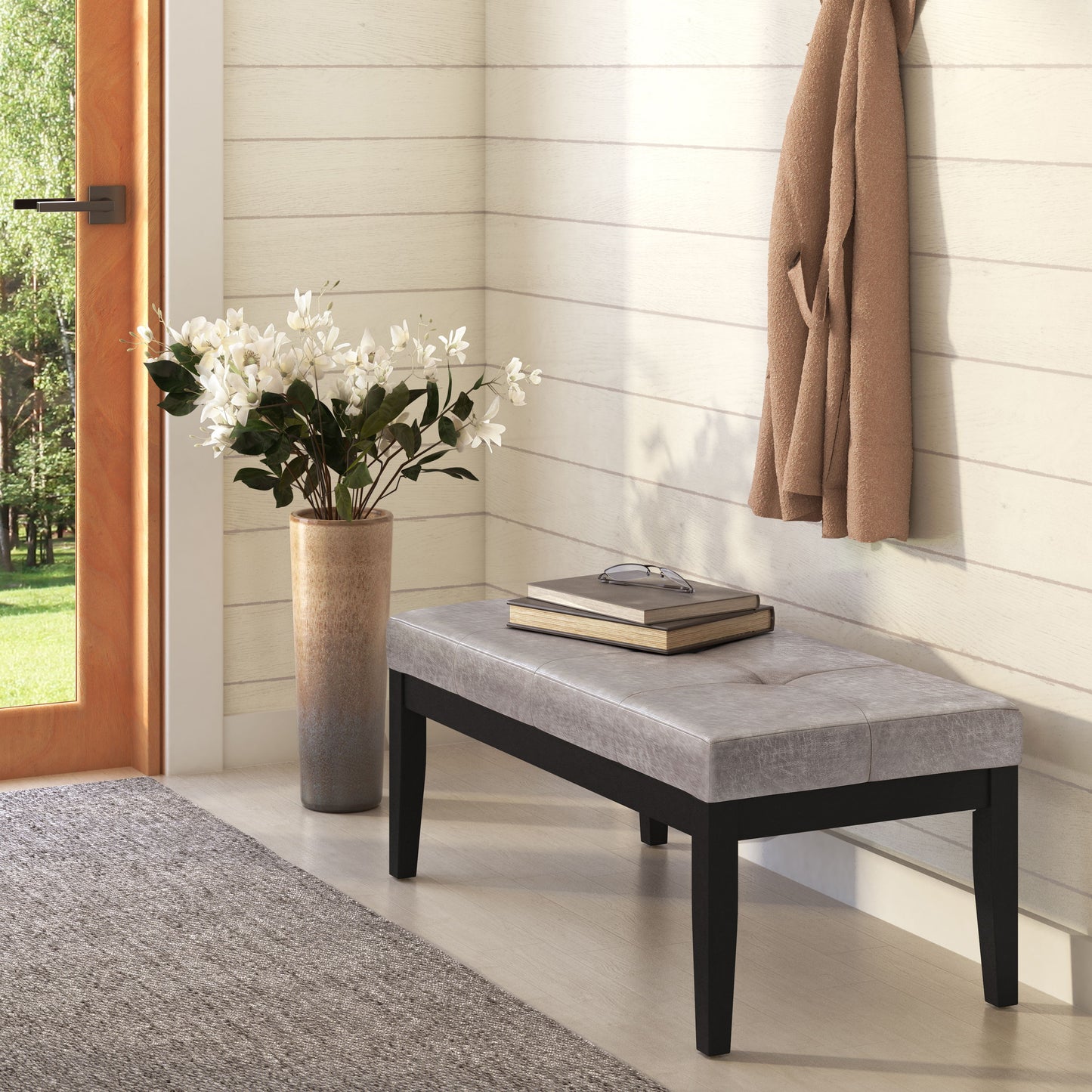 Lacey - Tufted Ottoman Bench - Distressed Gray Taupe