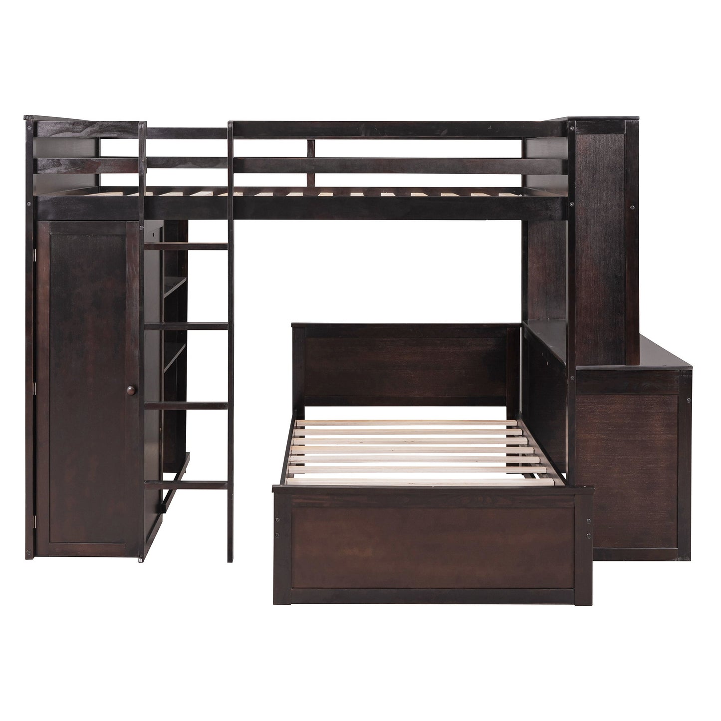 Full Size Loft Bed With A Twin Size Standalone Bed, Shelves, Desk, And Wardrobe - Espresso