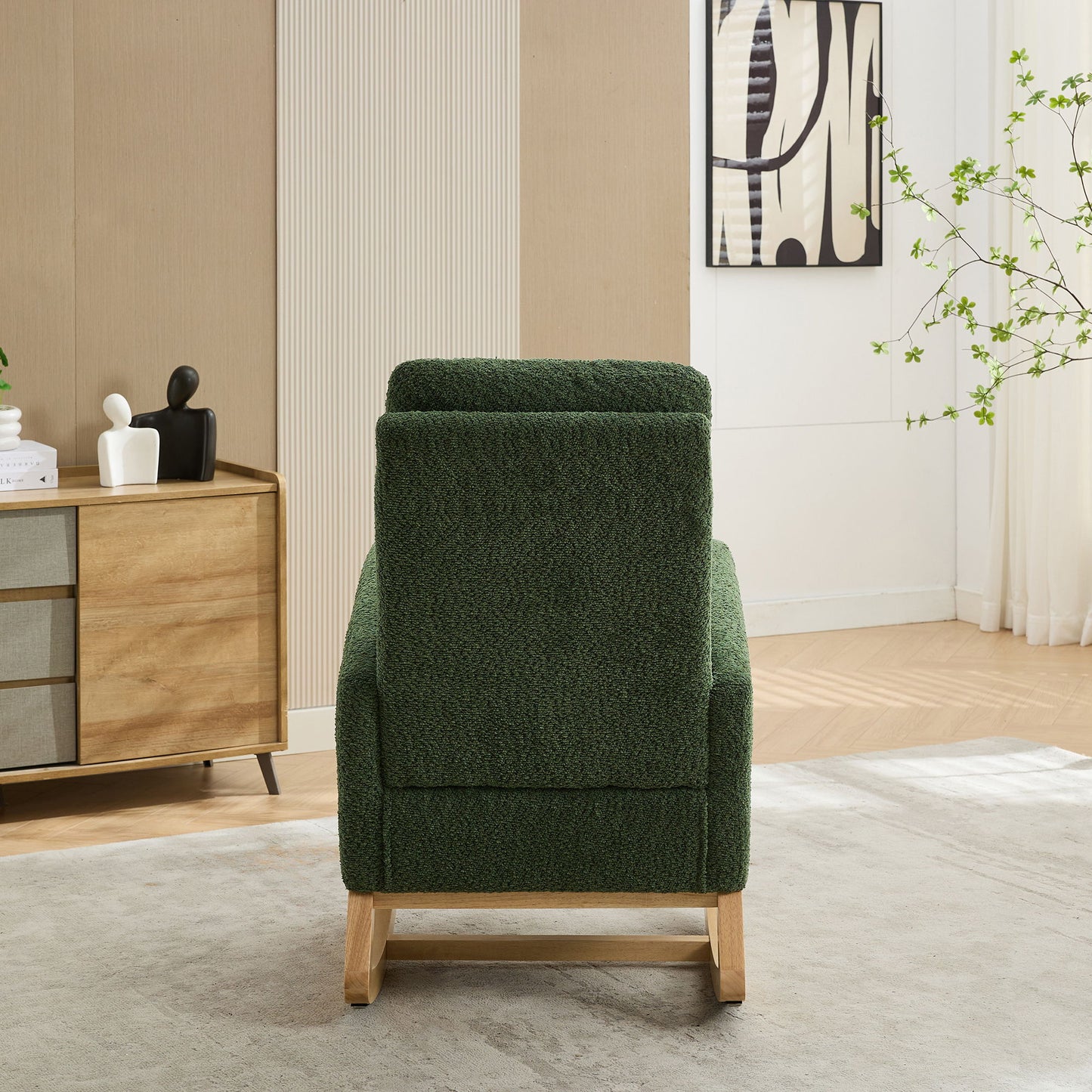 Boucle High Back Glider Rocking Chair With Retractable Footrest And Rubber Wood Legs For Nursery And Living Room - Green
