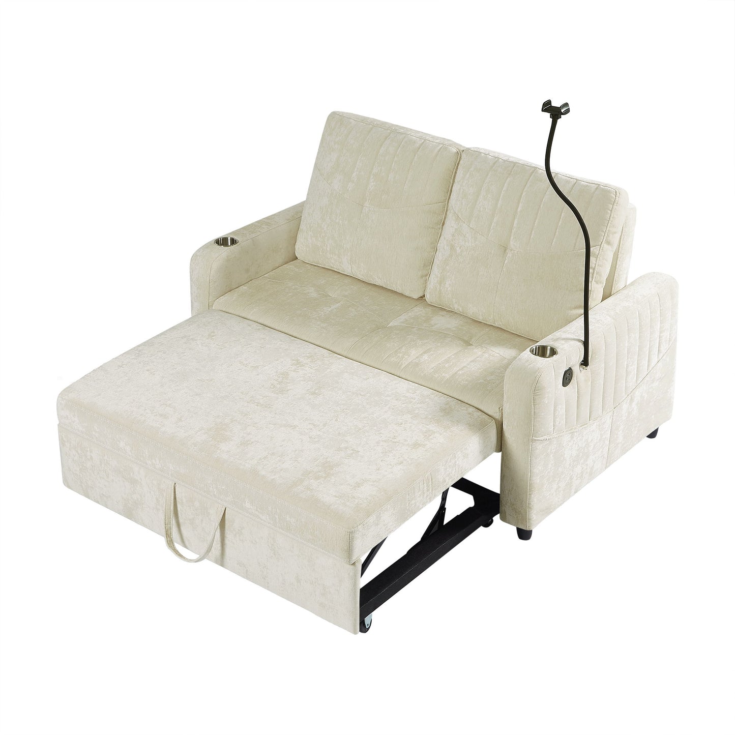 Modern Loveseat Pull Out Sofa Bed With Adjustable Backrest, Two Cup Holders, A Phone Holder, Three Charging Ports And Side Storage Pockets For Living Room - Beige