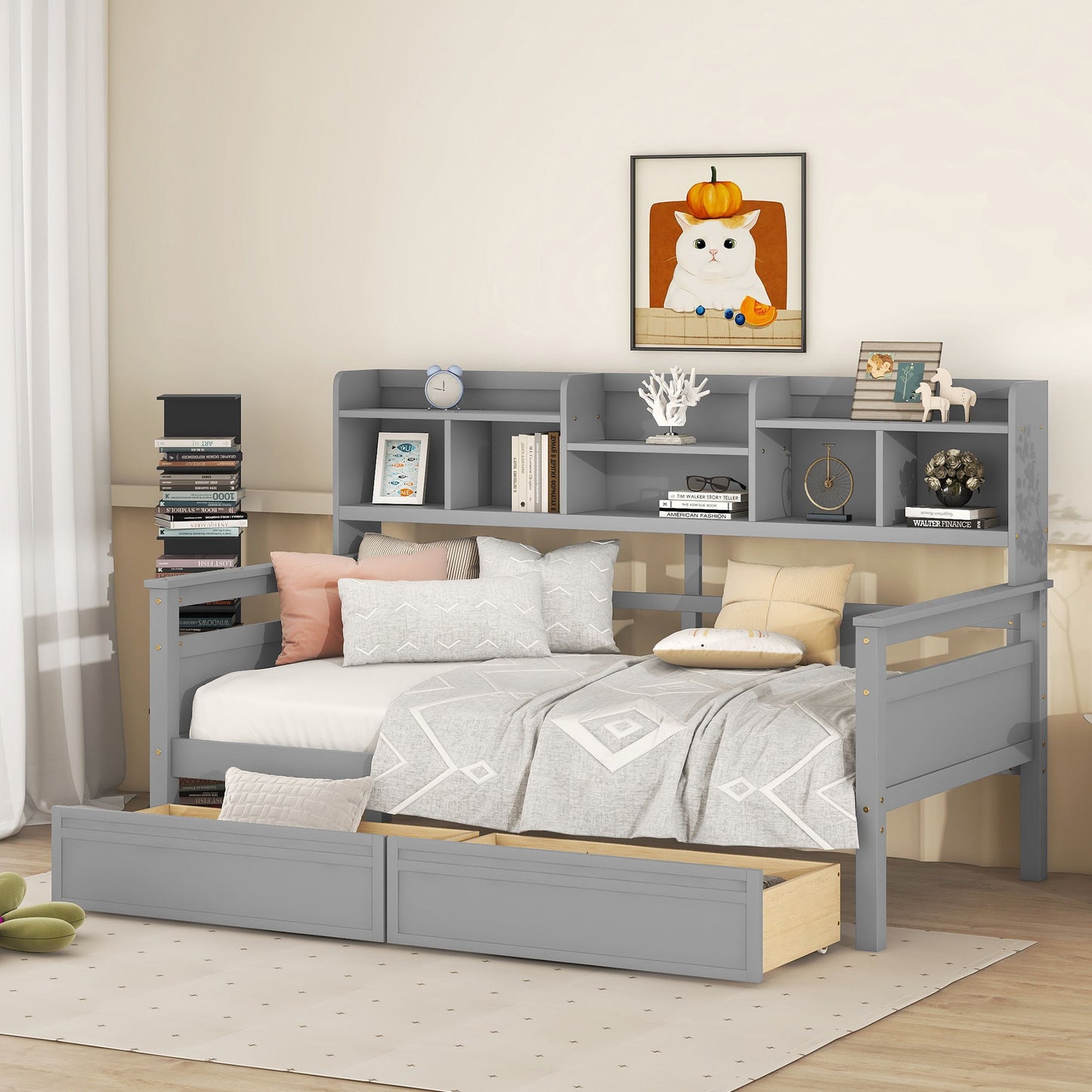 Twin Size Daybed, Slat Support, With Bedside Shelves And 2 Drawers - Gray