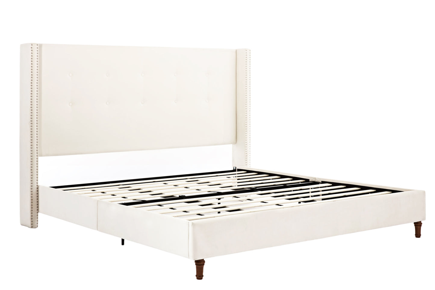 Peyton - King Bed Upholstered With High Headboard, Traditional Hand Buttoned Tufting - Ivory Velvet
